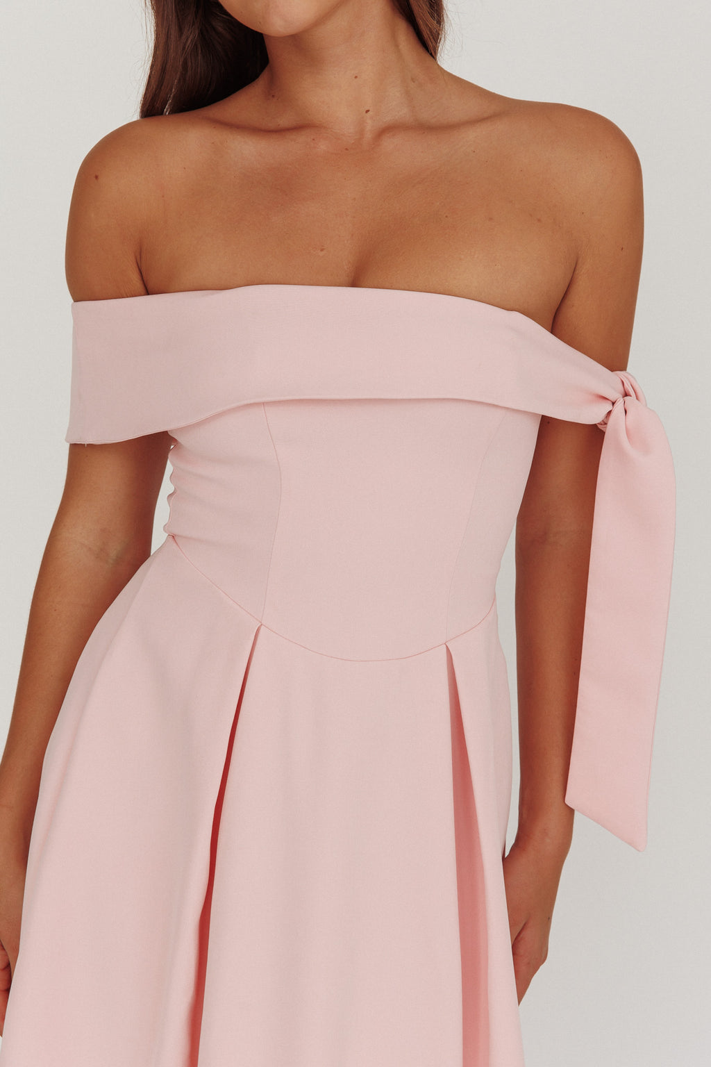 Aurora Sky Off-Shoulder Box Pleat Midi Dress Pink by Selfie Leslie Australia