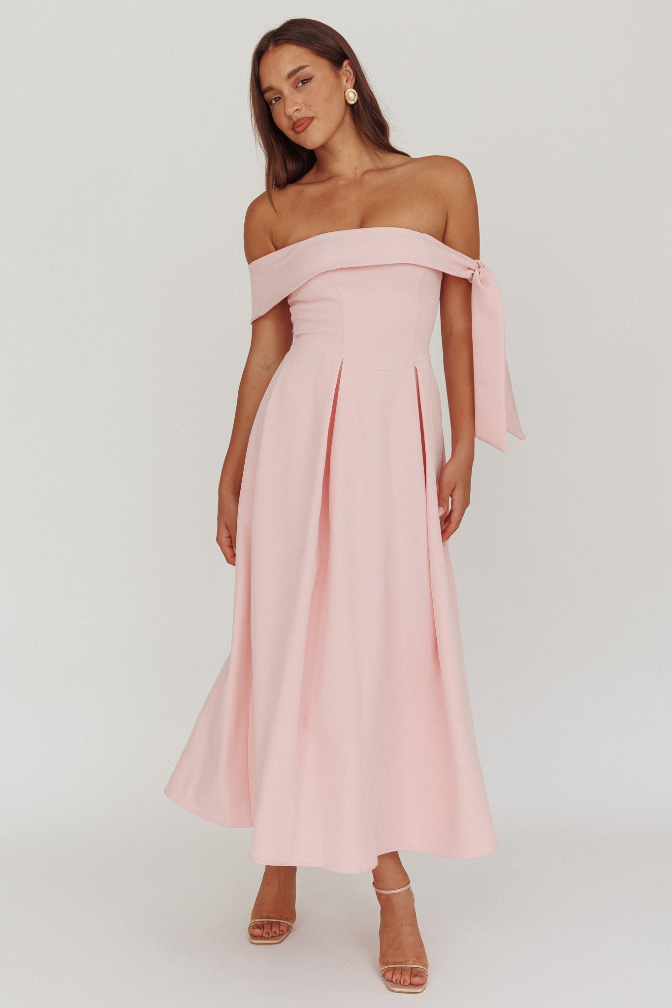 Aurora Sky Off-Shoulder Box Pleat Midi Dress Pink by Selfie Leslie Australia