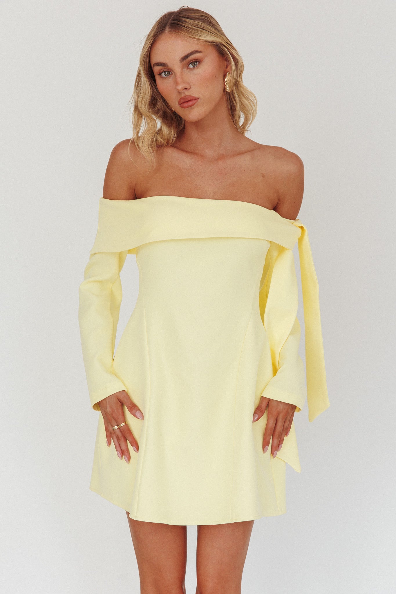 Aurora Sky Off-Shoulder Tie Mini Dress Lemon by Selfie Leslie Australia
