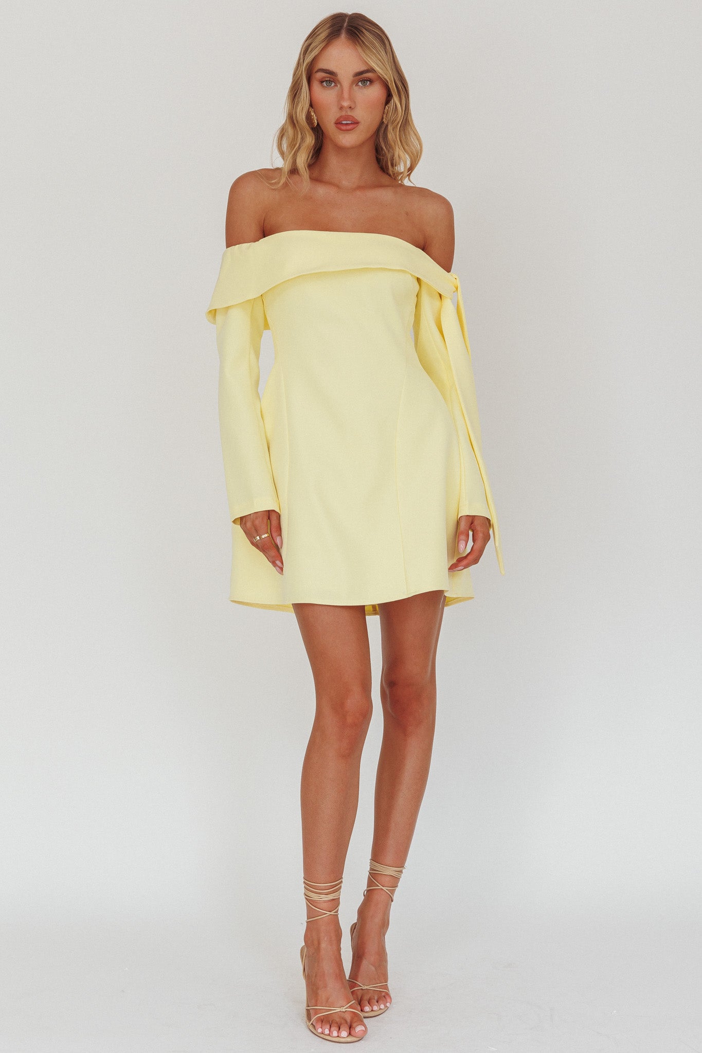 Aurora Sky Off-Shoulder Tie Mini Dress Lemon by Selfie Leslie Australia