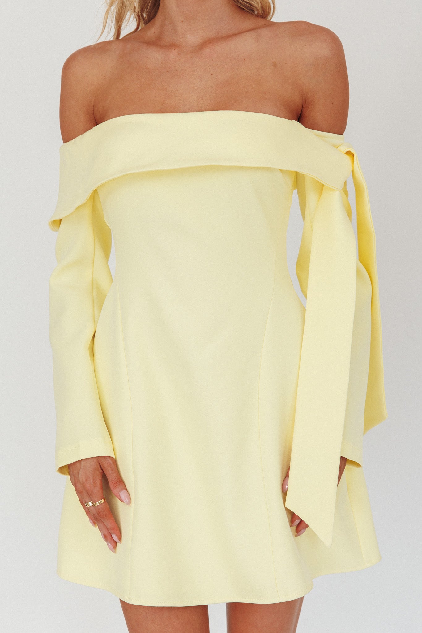 Aurora Sky Off-Shoulder Tie Mini Dress Lemon by Selfie Leslie Australia