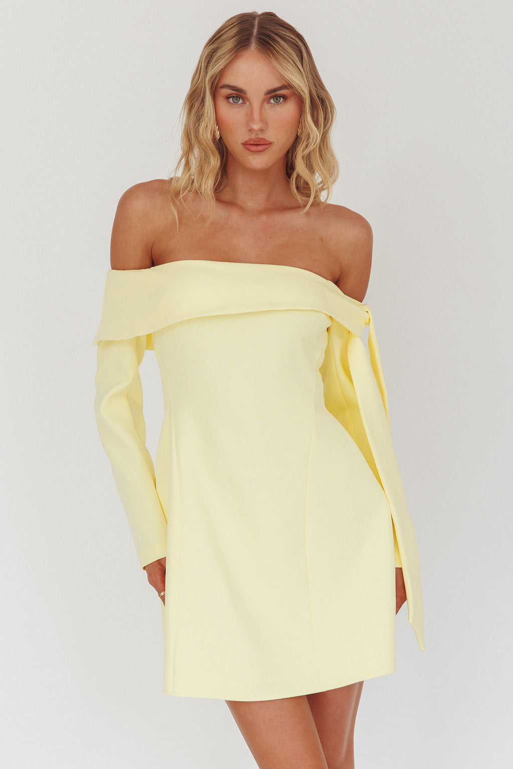 Aurora Sky Off-Shoulder Tie Mini Dress Lemon by Selfie Leslie Australia