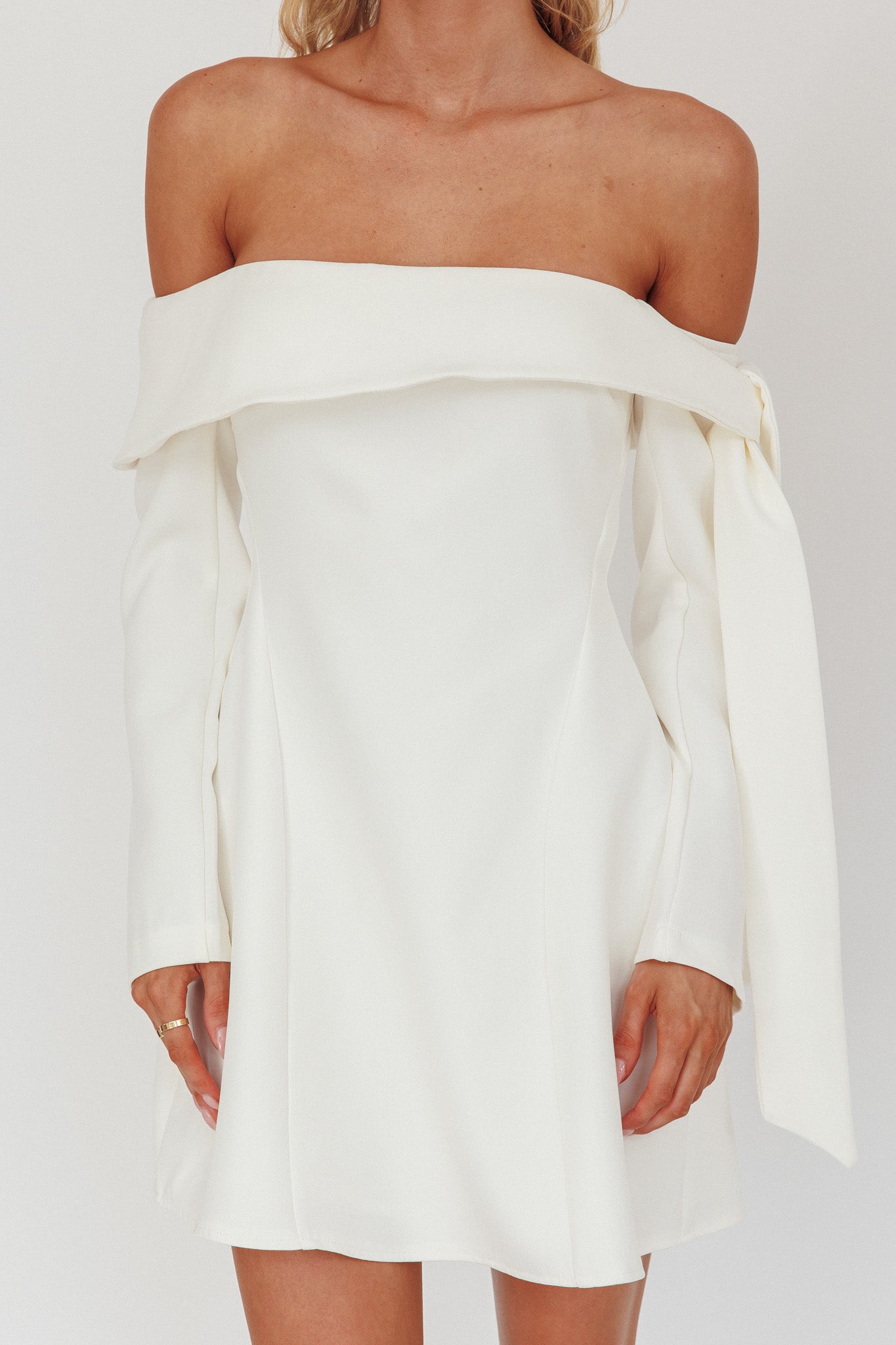 Aurora Sky Off-Shoulder Tie Mini Dress White by Selfie Leslie Australia