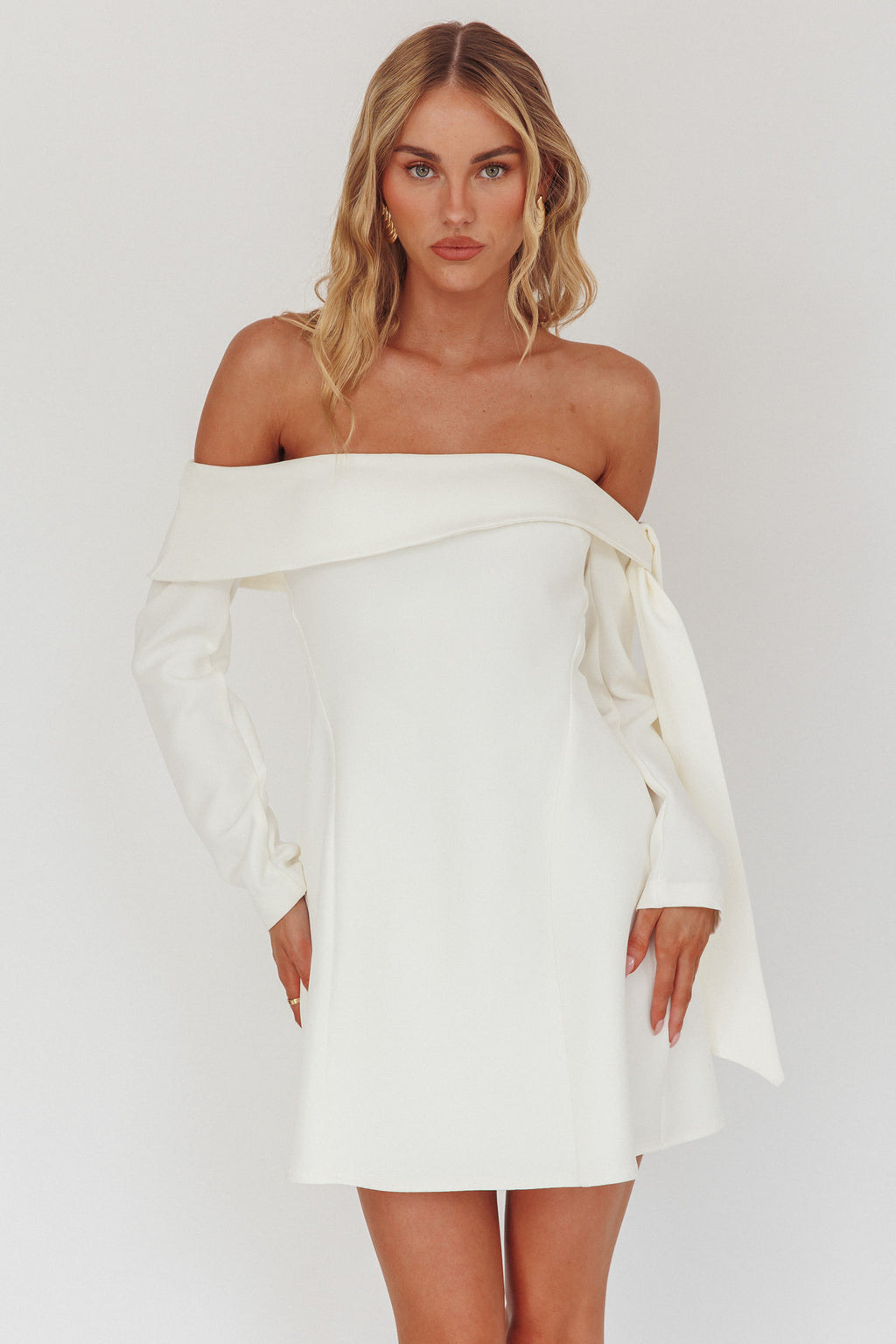 Aurora Sky Off-Shoulder Tie Mini Dress White by Selfie Leslie Australia