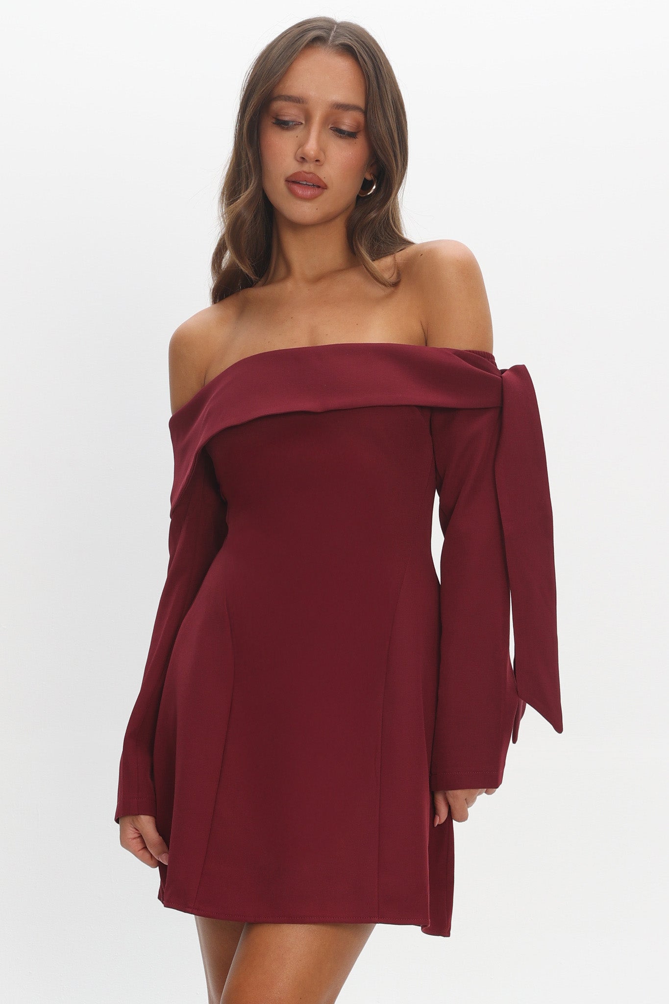 Aurora Sky Off-Shoulder Tie Mini Dress Wine by Selfie Leslie Australia