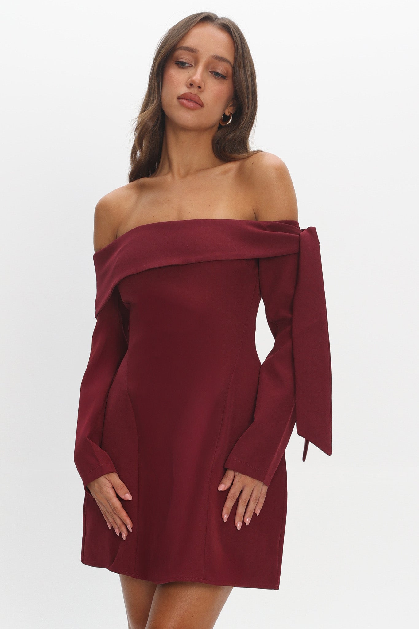 Aurora Sky Off-Shoulder Tie Mini Dress Wine by Selfie Leslie Australia