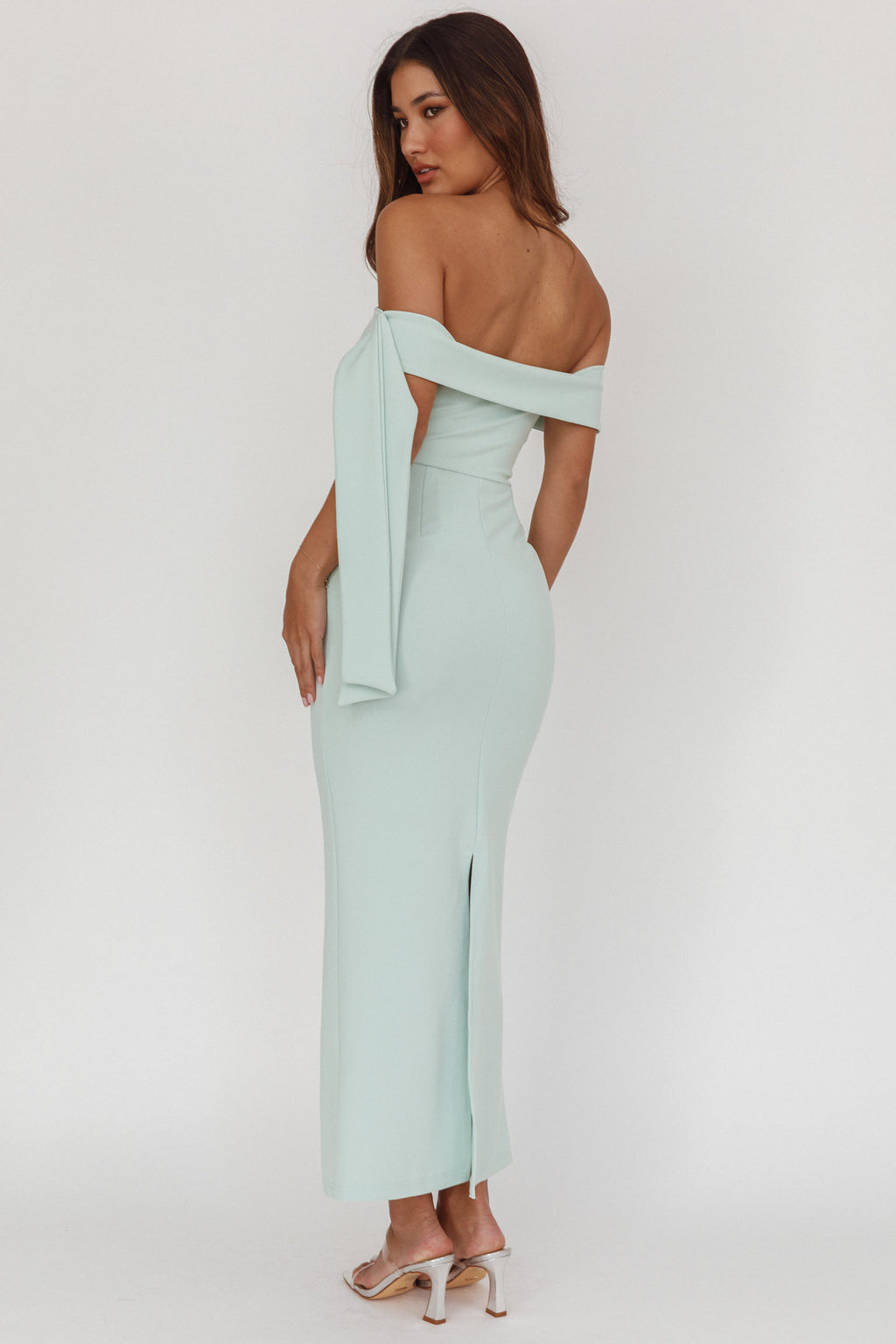 Aurora Sky Off-Shoulder Tie Maxi Dress Sage by Selfie Leslie Australia