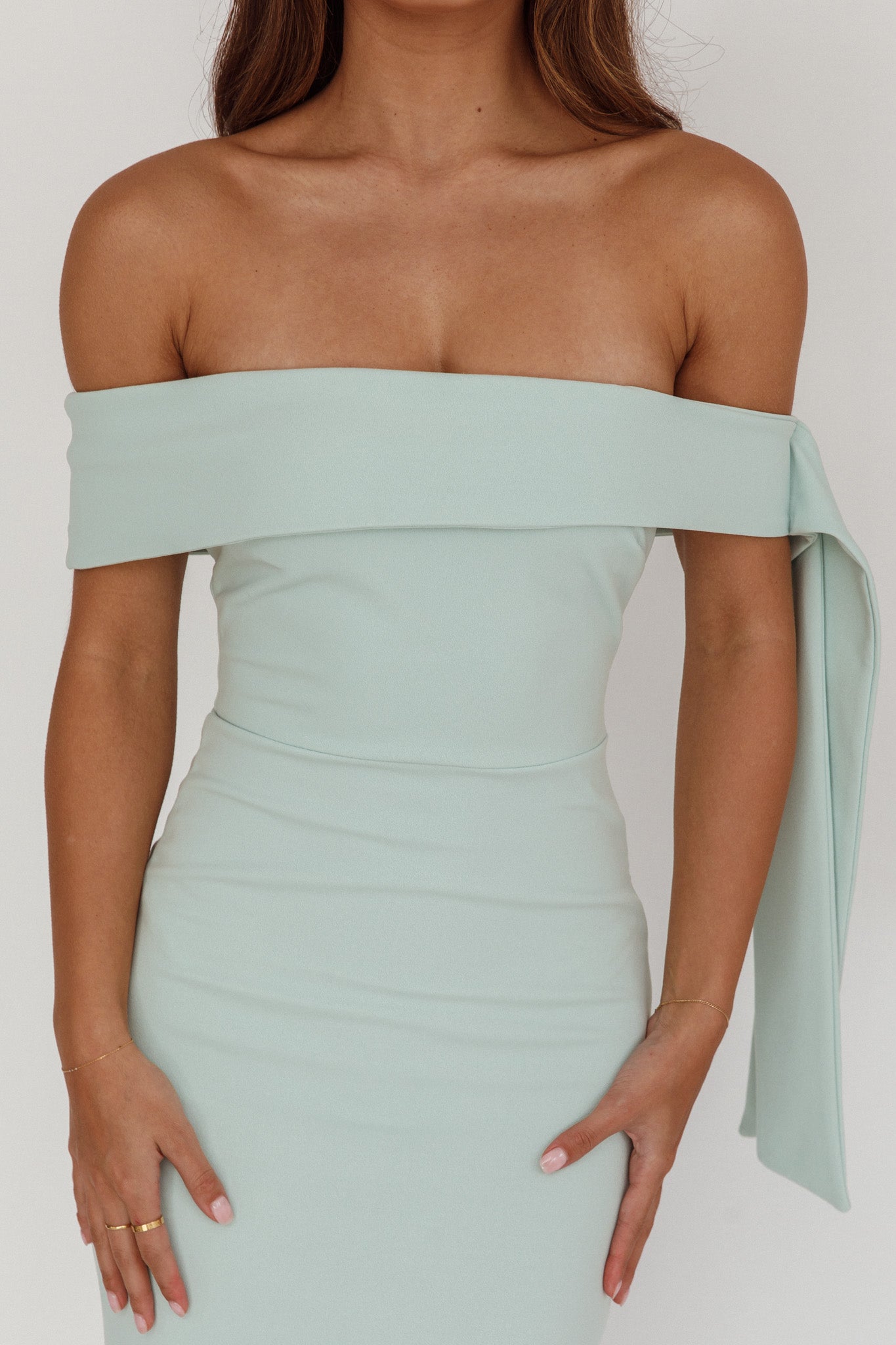 Aurora Sky Off-Shoulder Tie Maxi Dress Sage by Selfie Leslie Australia