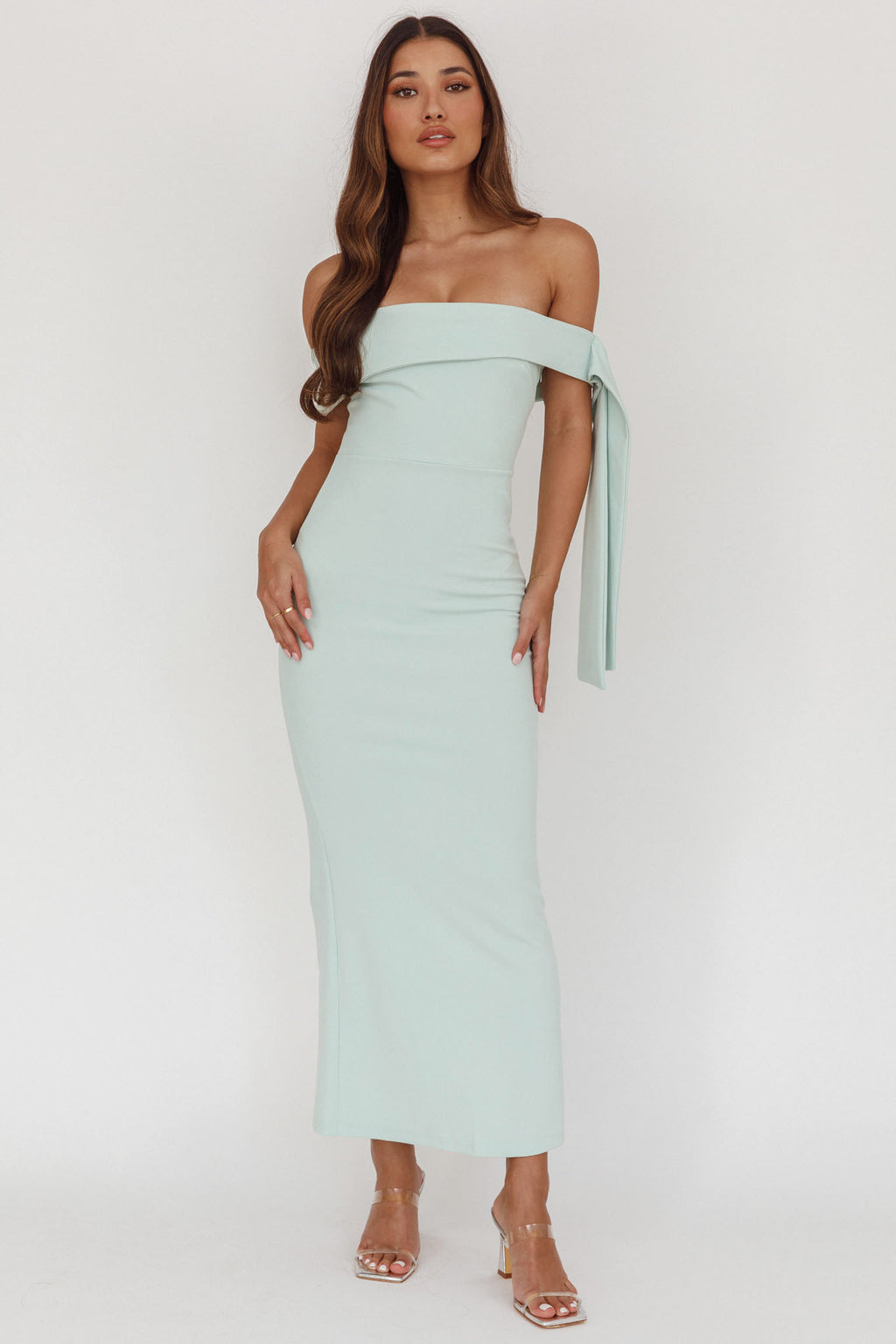 Aurora Sky Off-Shoulder Tie Maxi Dress Sage by Selfie Leslie Australia