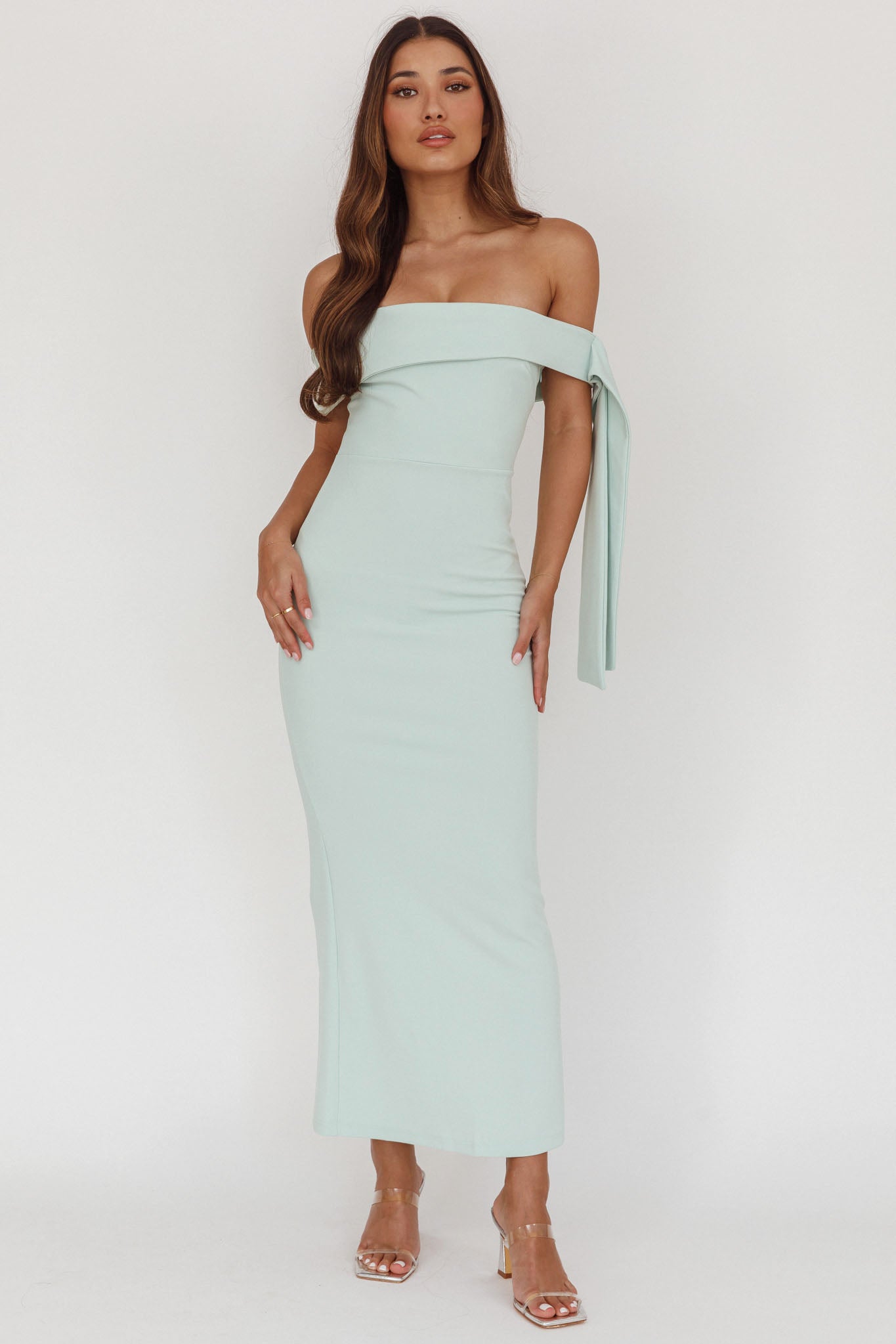 Aurora Sky Off-Shoulder Tie Maxi Dress Sage by Selfie Leslie Australia