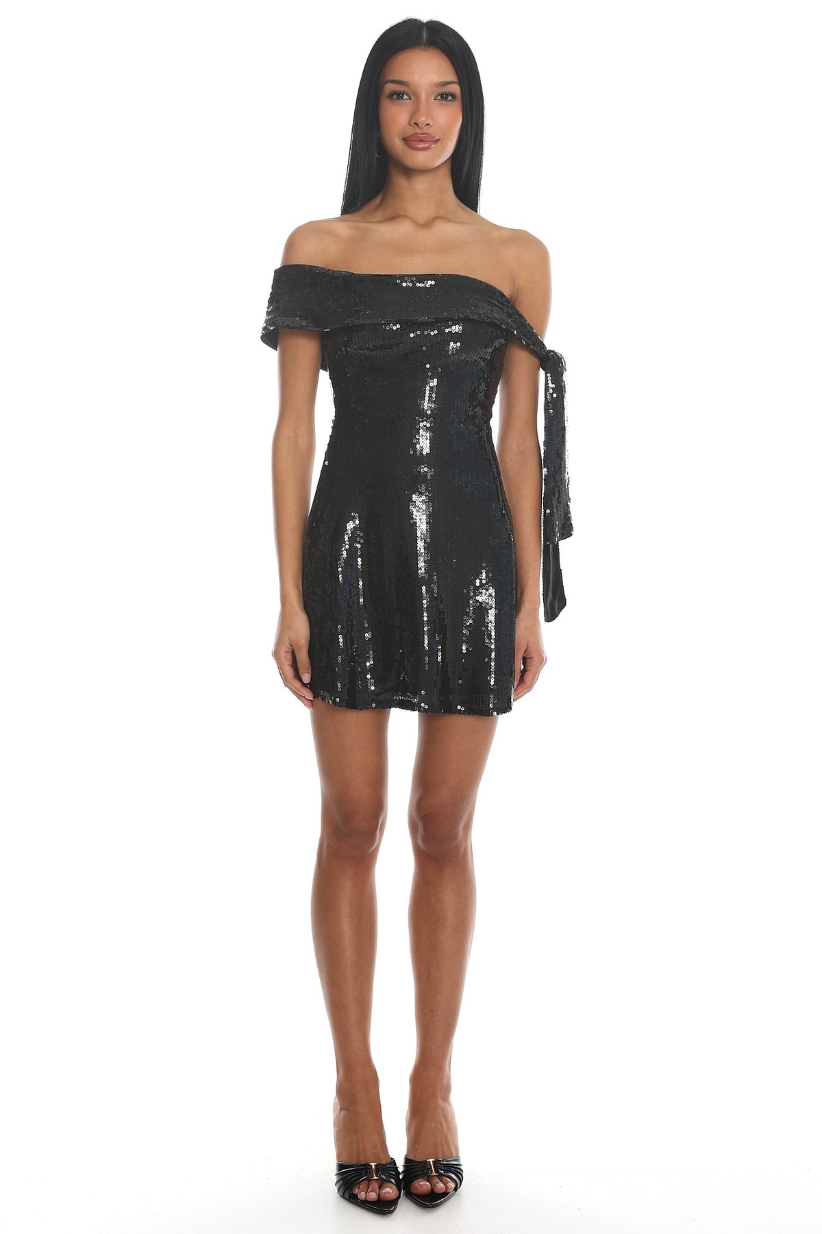 Aurora Sky Off-Shoulder Tie Mini Dress Sequin Black by Selfie Leslie Australia