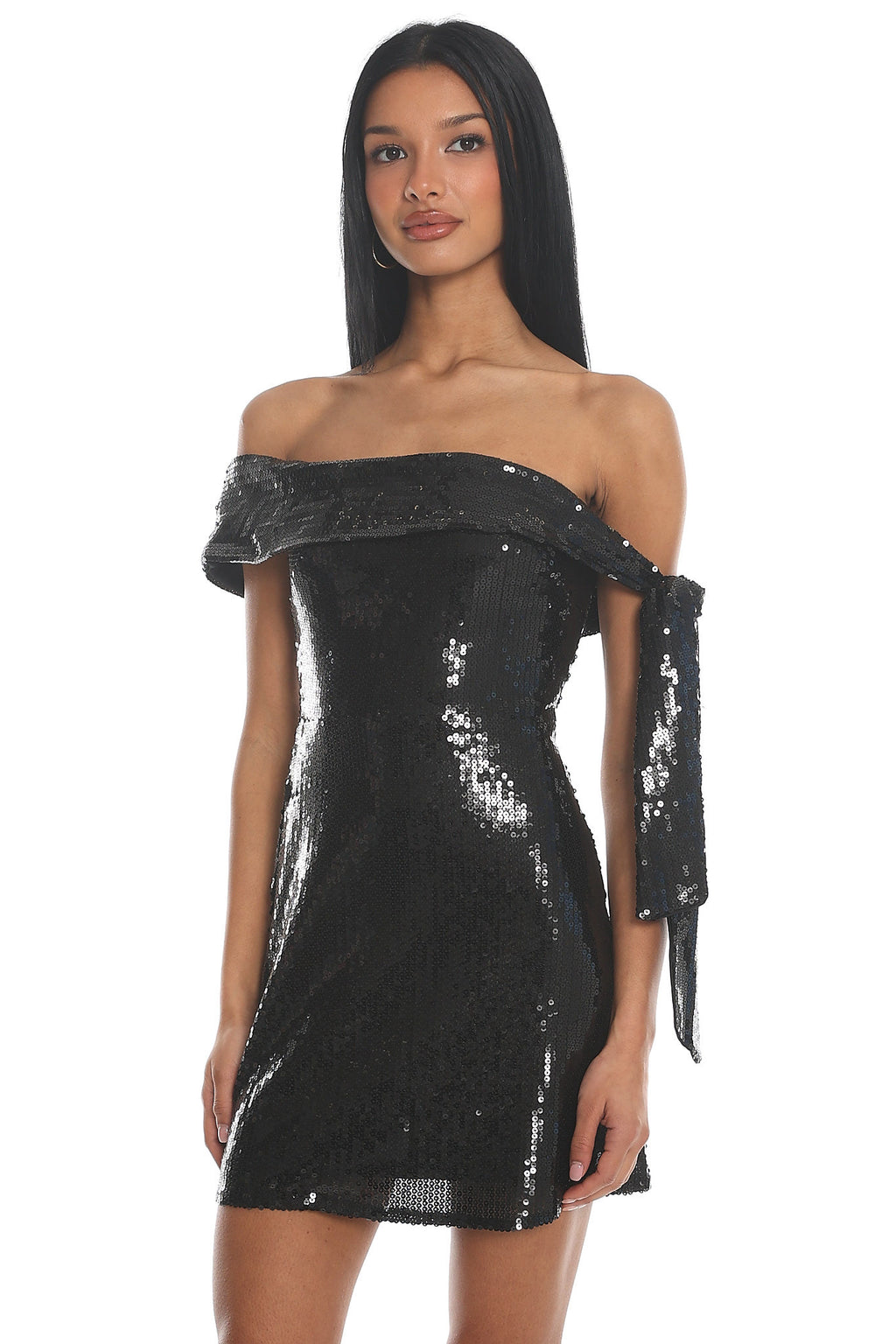 Aurora Sky Off-Shoulder Tie Mini Dress Sequin Black by Selfie Leslie Australia