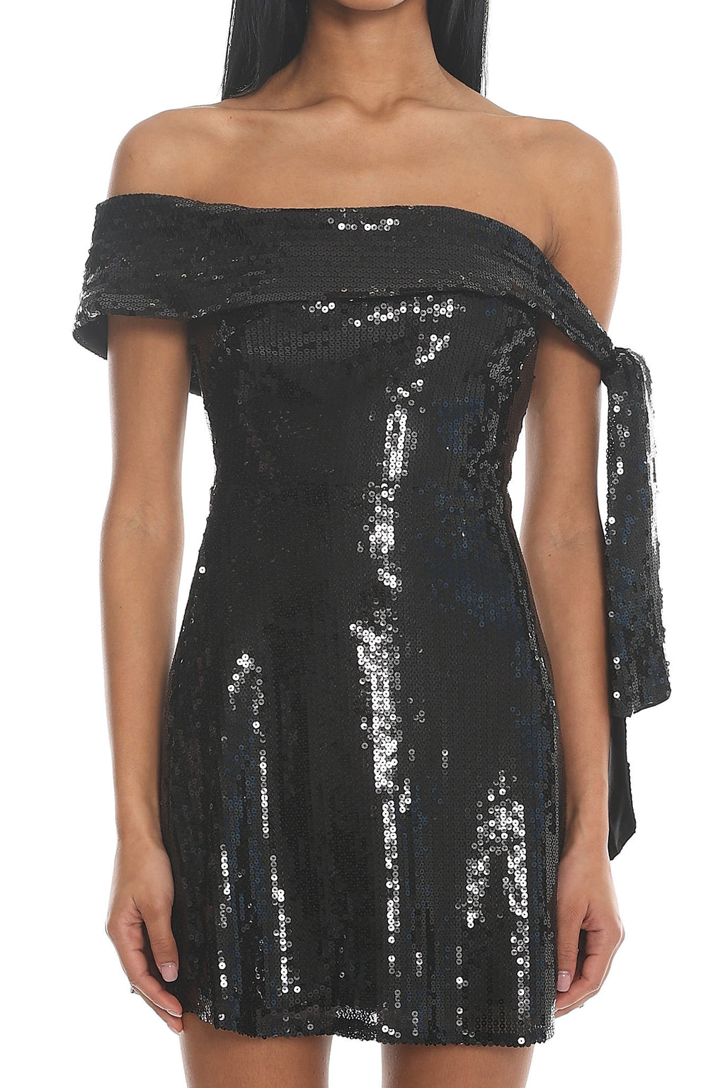 Aurora Sky Off-Shoulder Tie Mini Dress Sequin Black by Selfie Leslie Australia