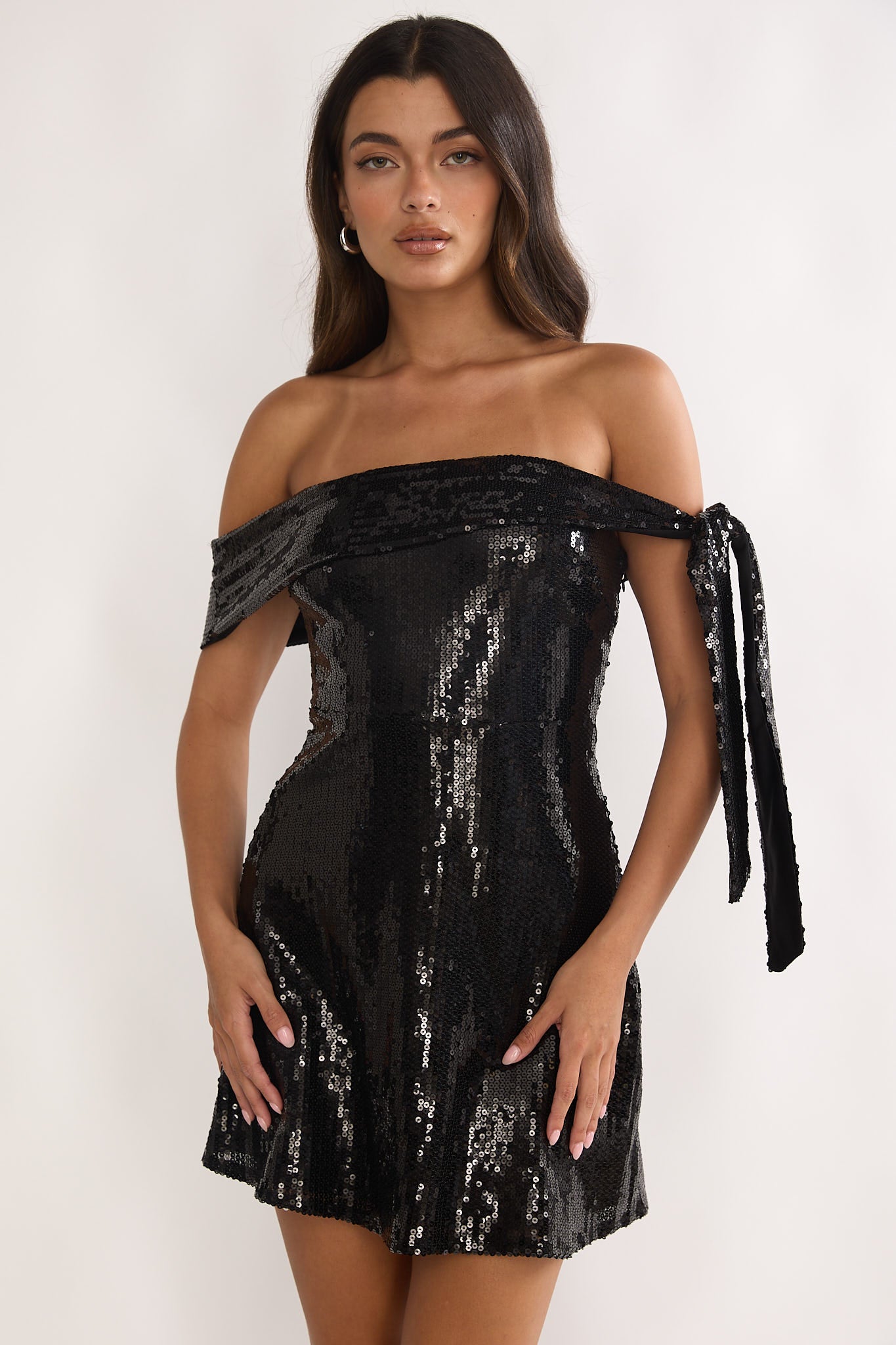 Aurora Sky Off-Shoulder Tie Mini Dress Sequin Black by Selfie Leslie Australia