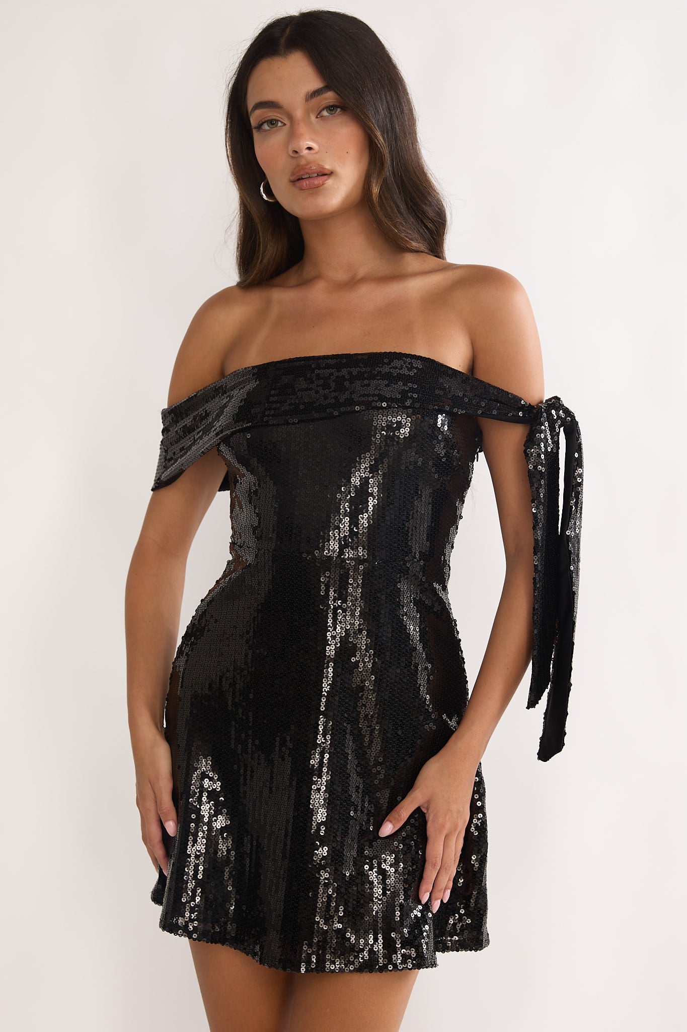Aurora Sky Off-Shoulder Tie Mini Dress Sequin Black by Selfie Leslie Australia