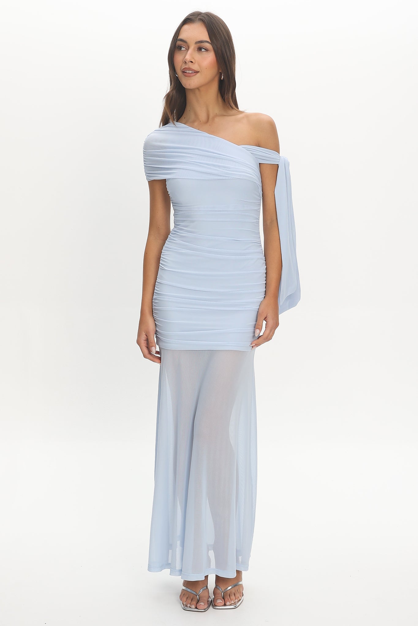 Aurora Sky Off-Shoulder Tie Maxi Dress Light Blue