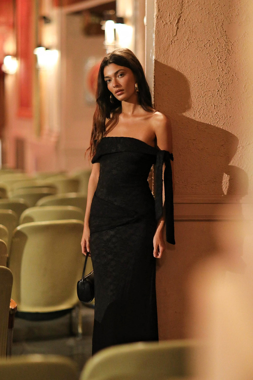 Aurora Sky Off-Shoulder Tie Maxi Dress Lace Black by Selfie Leslie Australia