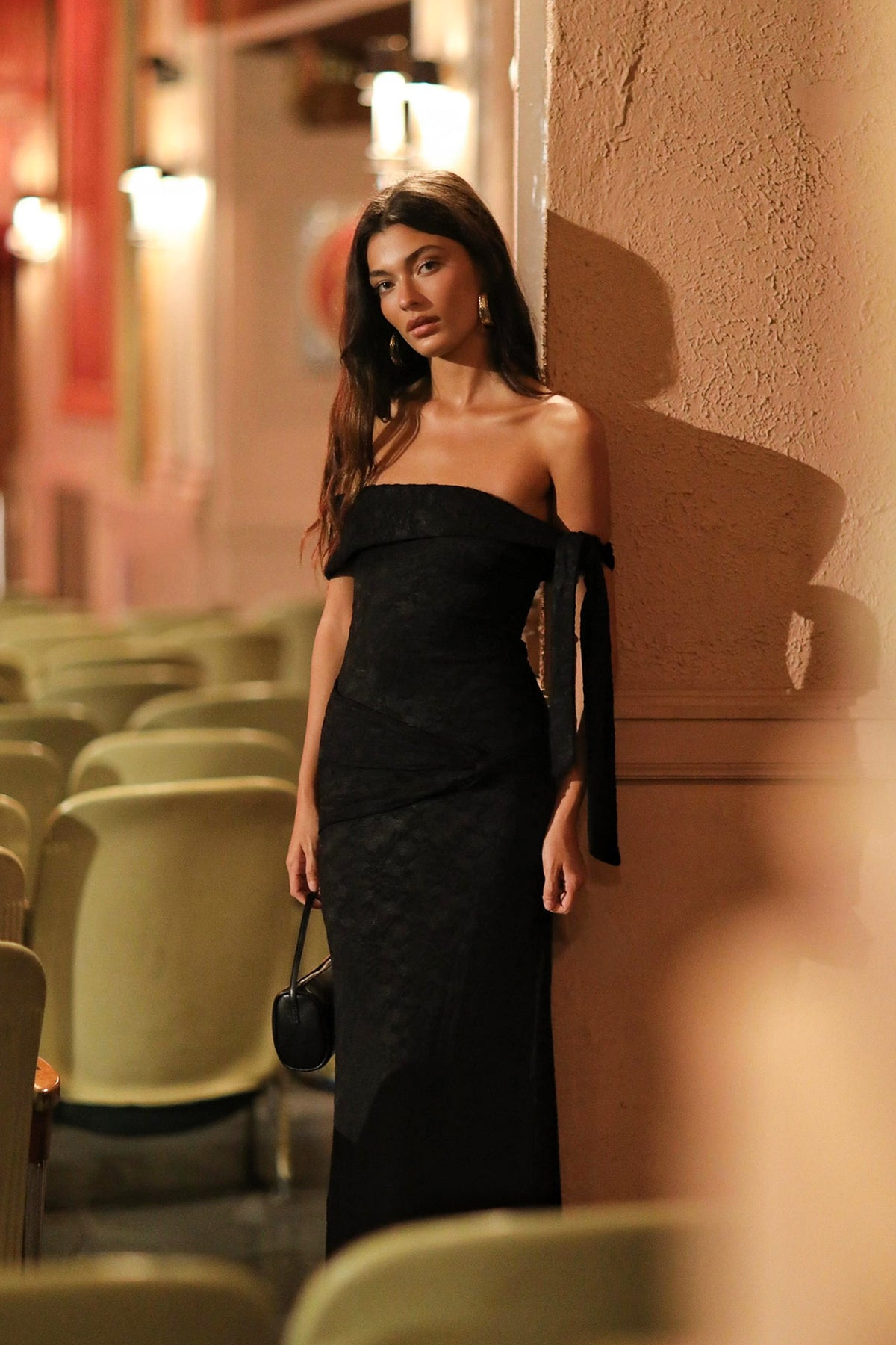 Aurora Sky Off-Shoulder Tie Maxi Dress Lace Black by Selfie Leslie Australia
