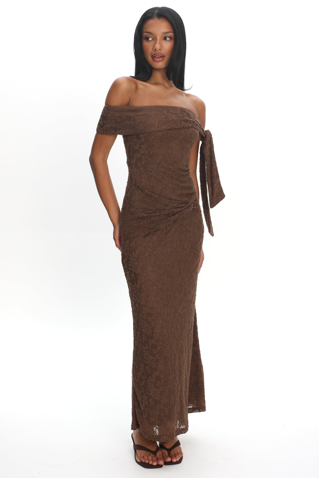 Aurora Sky Off-Shoulder Tie Maxi Dress Lace Chocolate by Selfie Leslie Australia