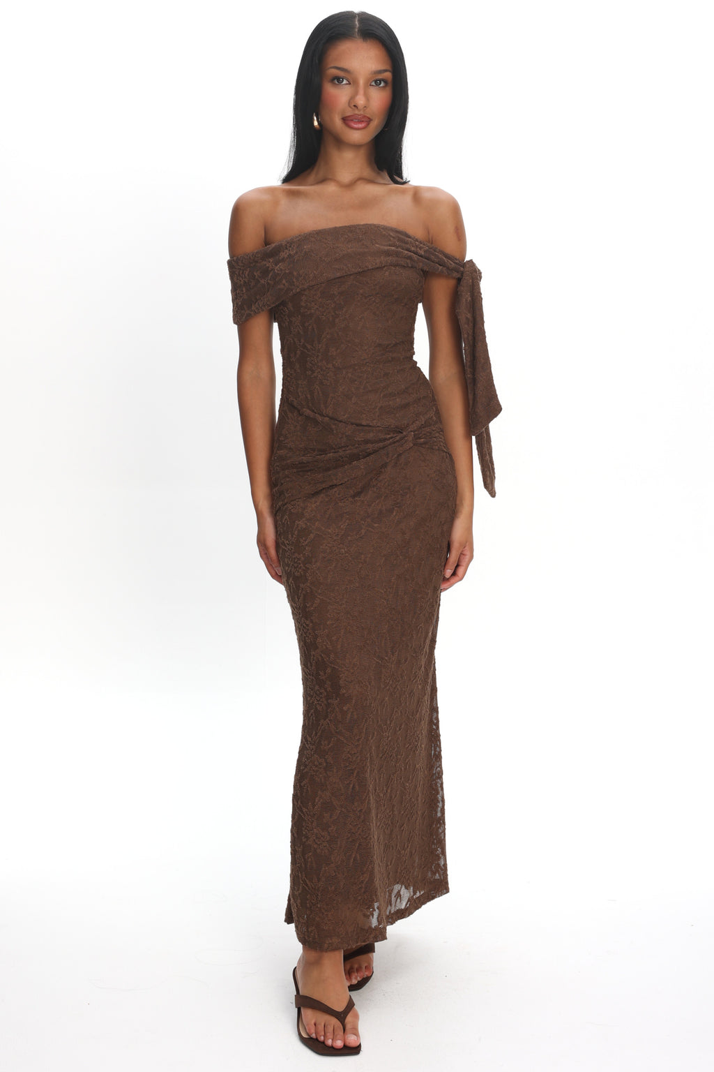 Aurora Sky Off-Shoulder Tie Maxi Dress Lace Chocolate by Selfie Leslie Australia