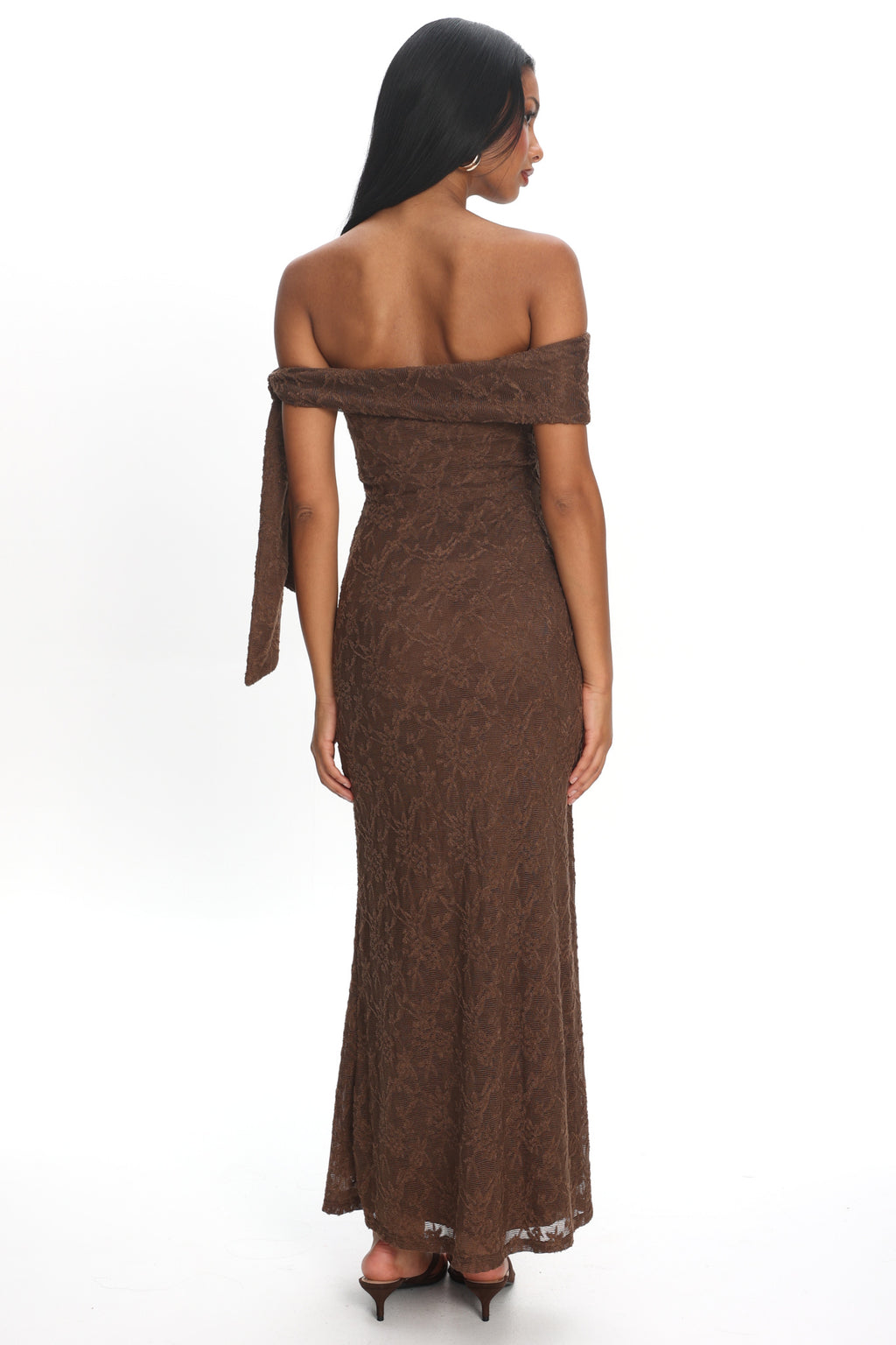 Aurora Sky Off-Shoulder Tie Maxi Dress Lace Chocolate by Selfie Leslie Australia
