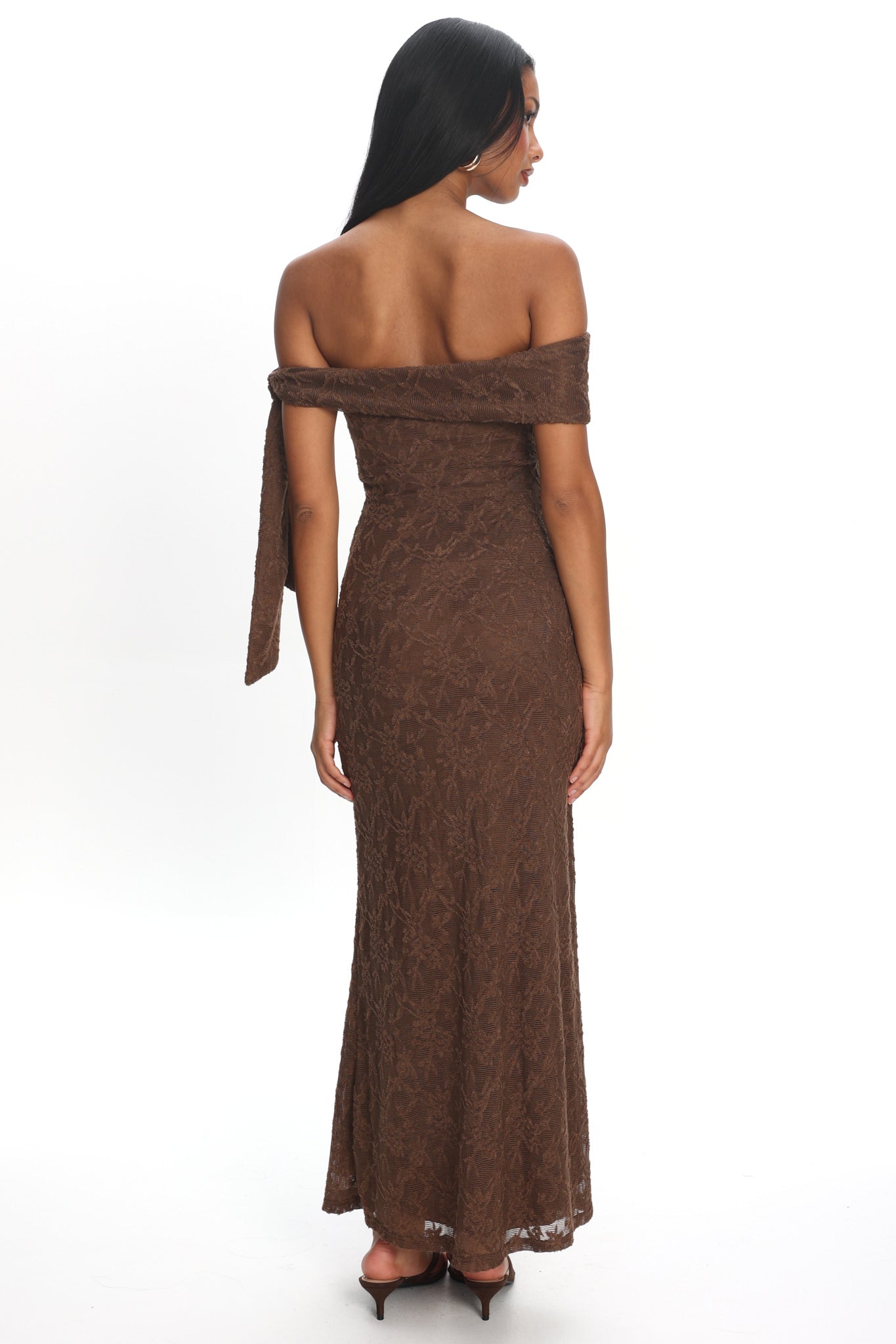 Aurora Sky Off-Shoulder Tie Maxi Dress Lace Chocolate by Selfie Leslie Australia