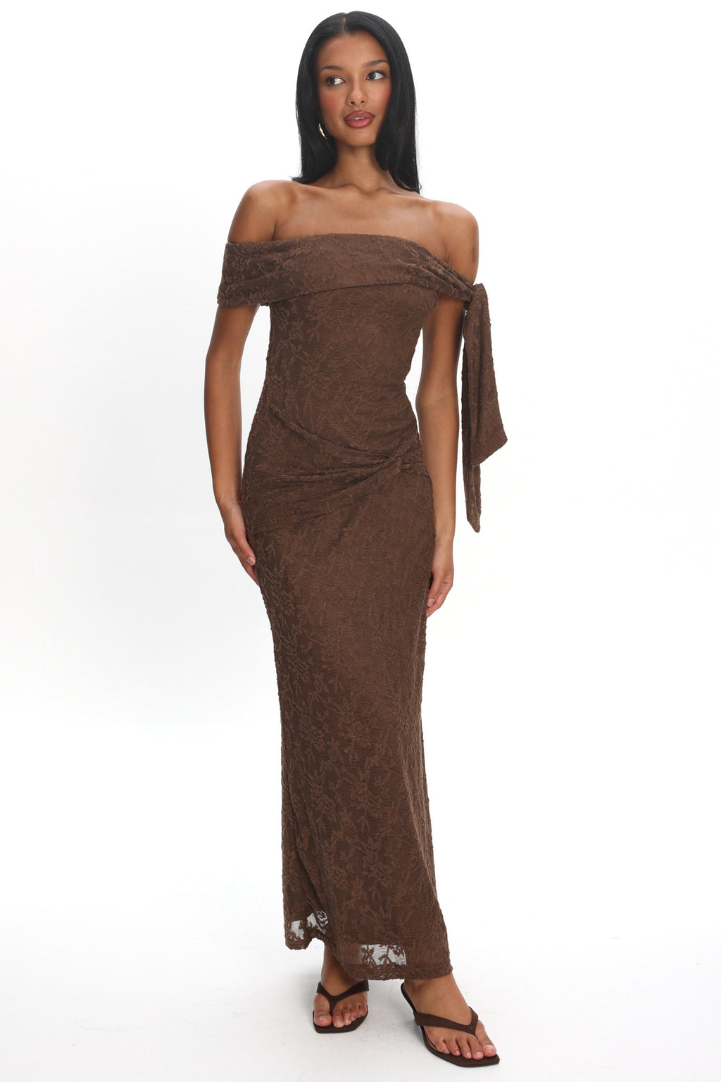 Aurora Sky Off-Shoulder Tie Maxi Dress Lace Chocolate by Selfie Leslie Australia