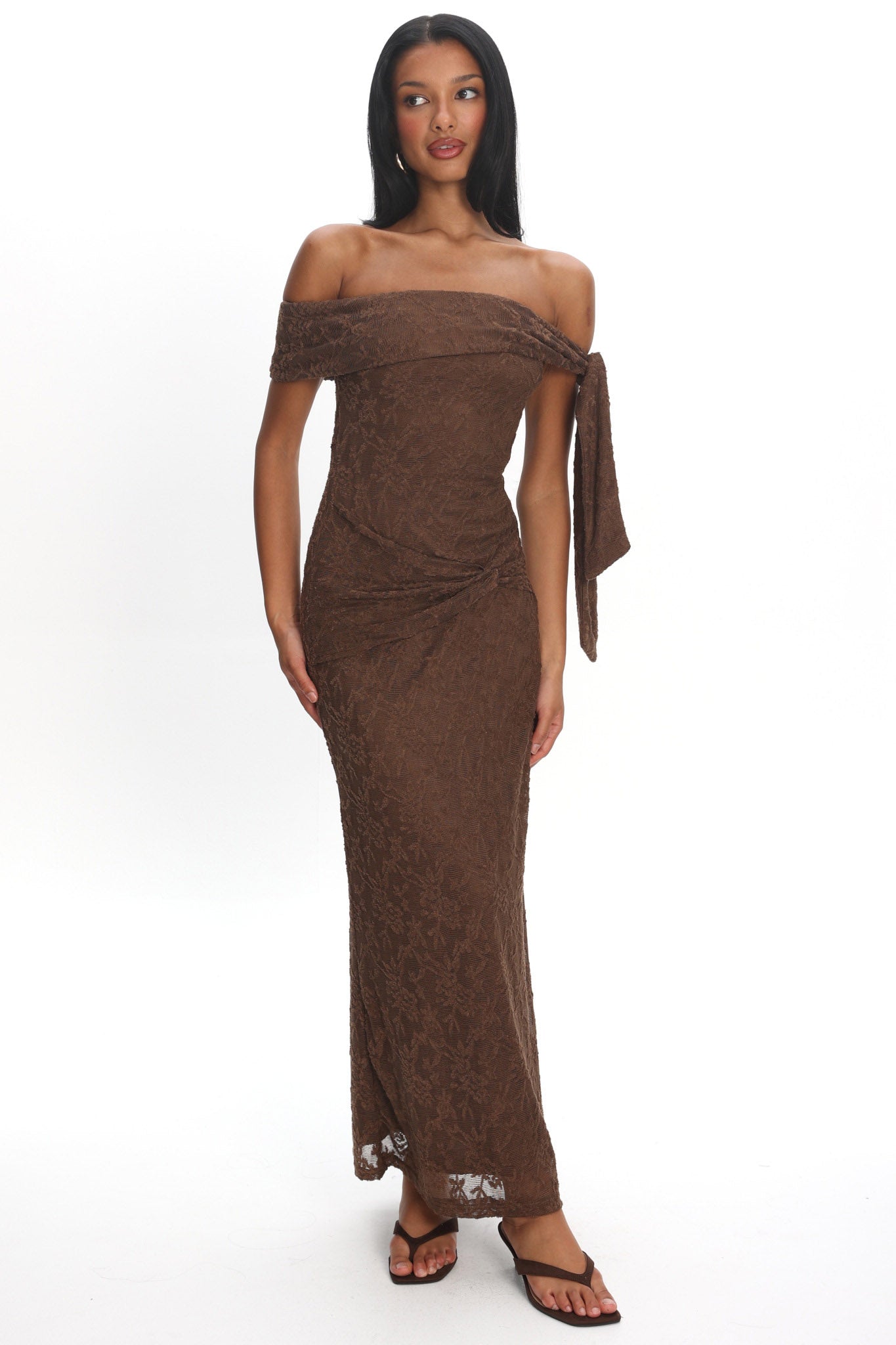 Aurora Sky Off-Shoulder Tie Maxi Dress Lace Chocolate by Selfie Leslie Australia