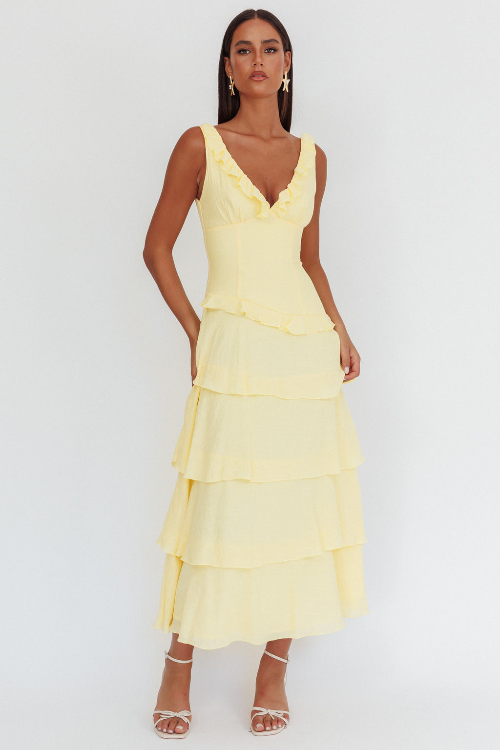 Khlara V-Neck Frill Trim Maxi Dress Butter by Selfie Leslie Australia