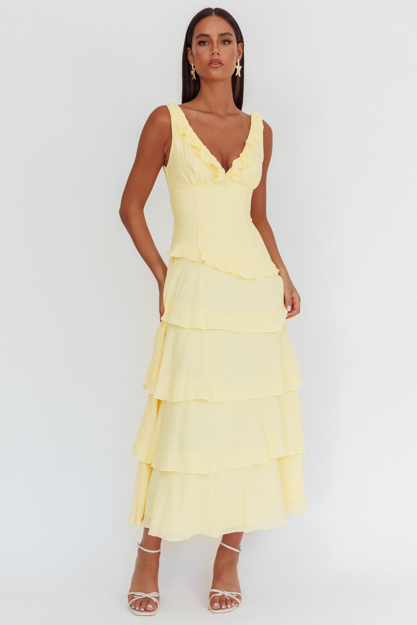 Khlara V-Neck Frill Trim Maxi Dress Butter by Selfie Leslie Australia