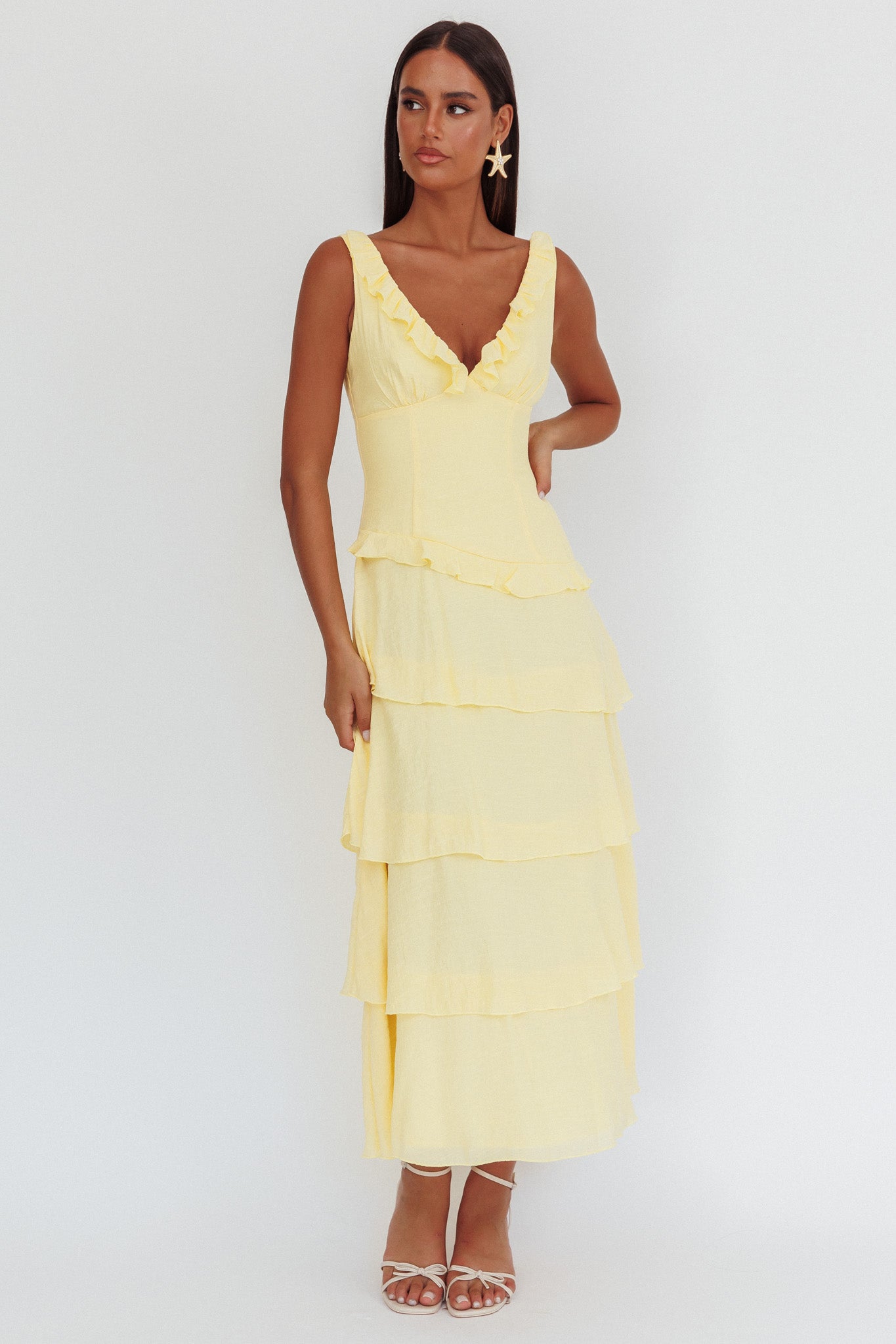 Khlara V-Neck Frill Trim Maxi Dress Butter by Selfie Leslie Australia
