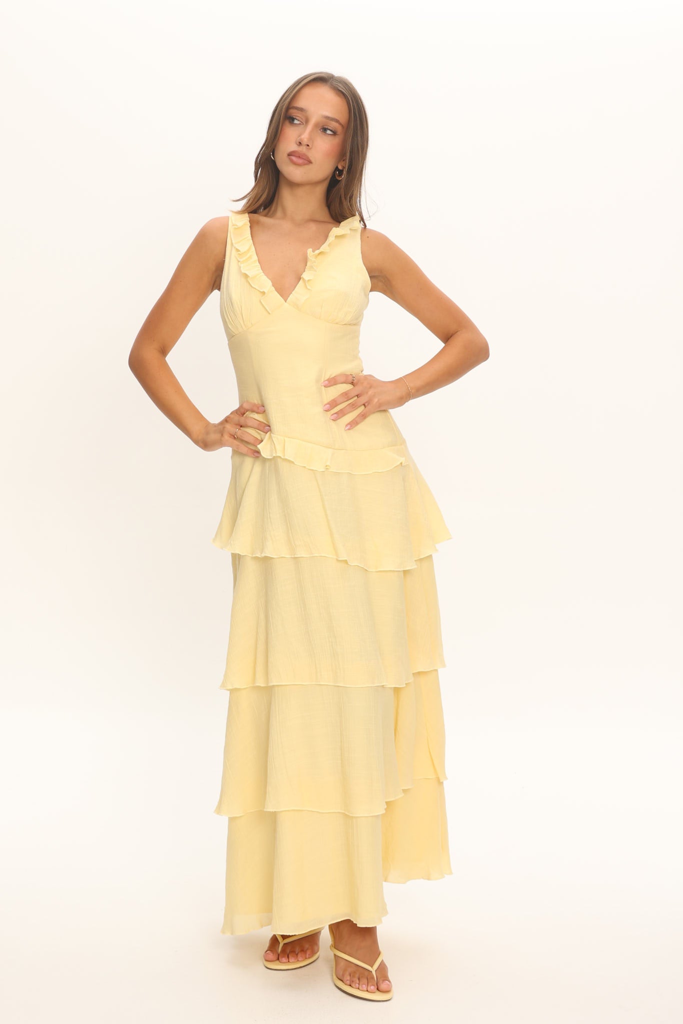 Khlara V-Neck Frill Trim Maxi Dress Butter by Selfie Leslie Australia