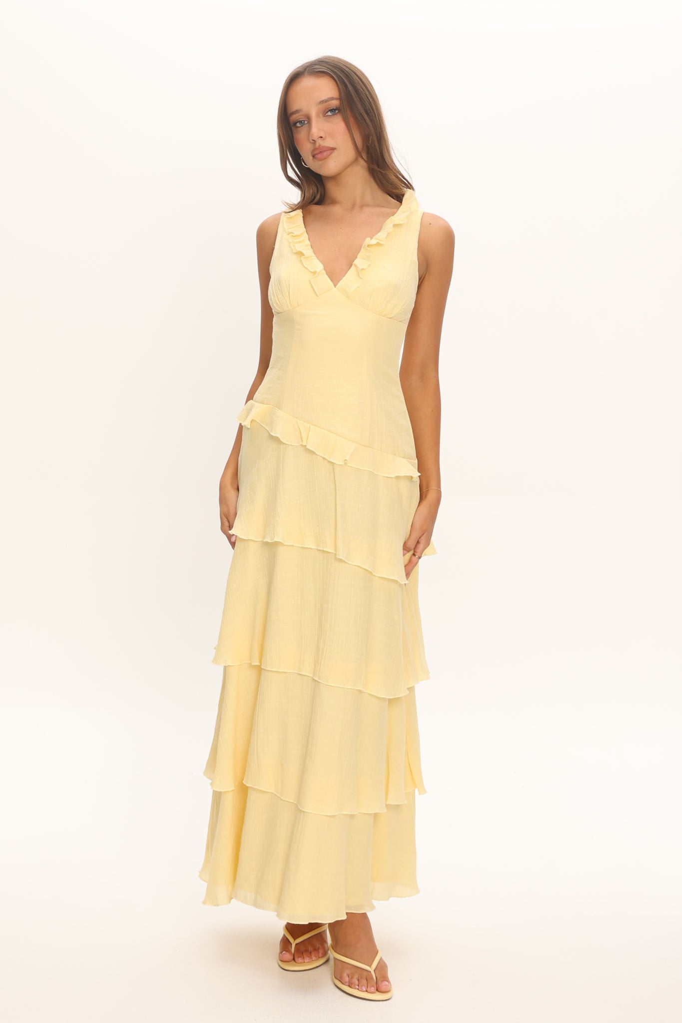 Khlara V-Neck Frill Trim Maxi Dress Butter by Selfie Leslie Australia