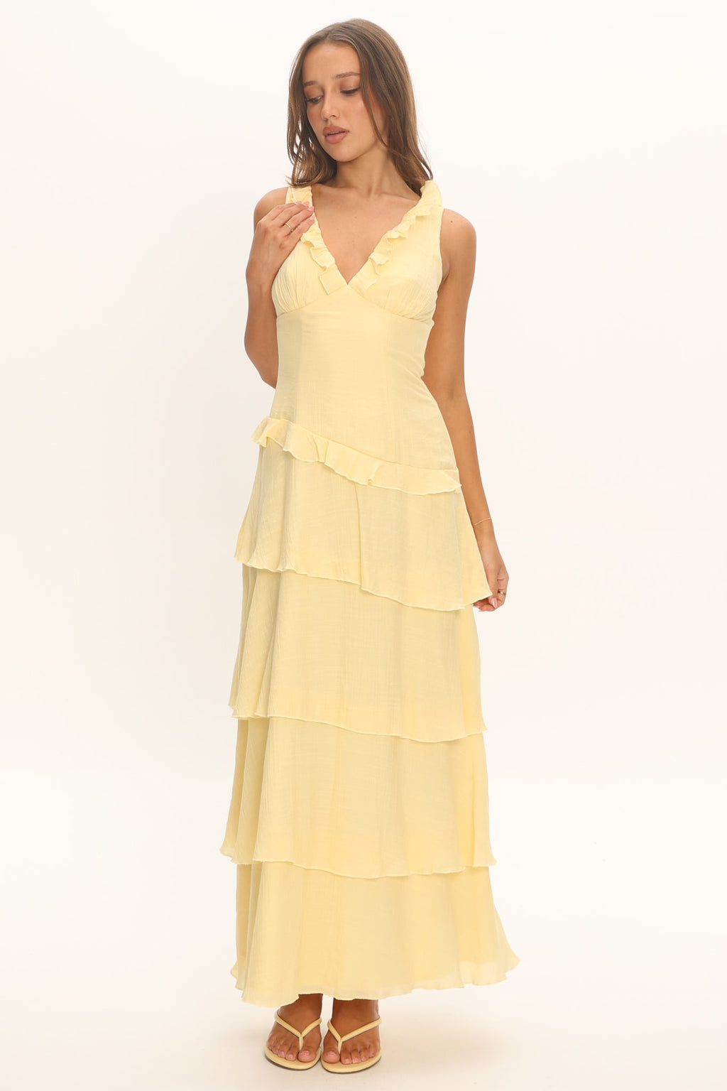 Khlara V-Neck Frill Trim Maxi Dress Butter by Selfie Leslie Australia