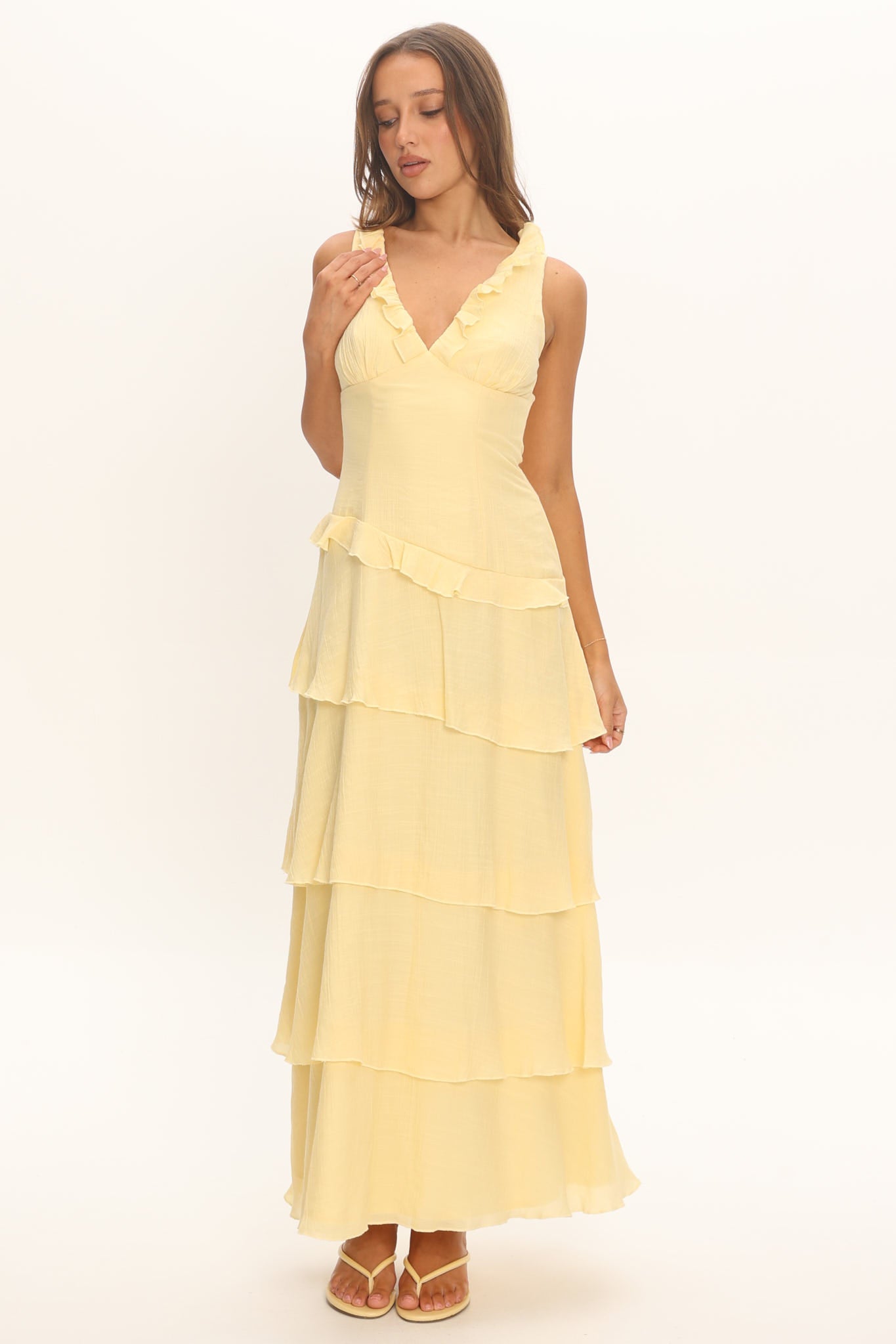 Khlara V-Neck Frill Trim Maxi Dress Butter by Selfie Leslie Australia