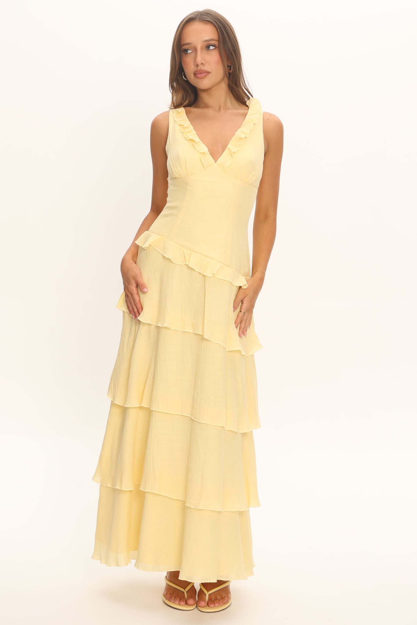 Khlara V-Neck Frill Trim Maxi Dress Butter by Selfie Leslie Australia