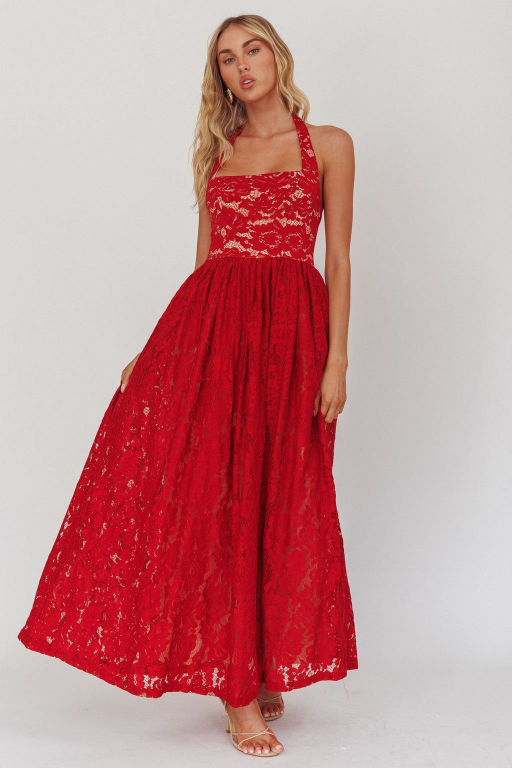Hendrix Halterneck A-Line Lace Maxi Dress Cherry by Selfie Leslie Australia