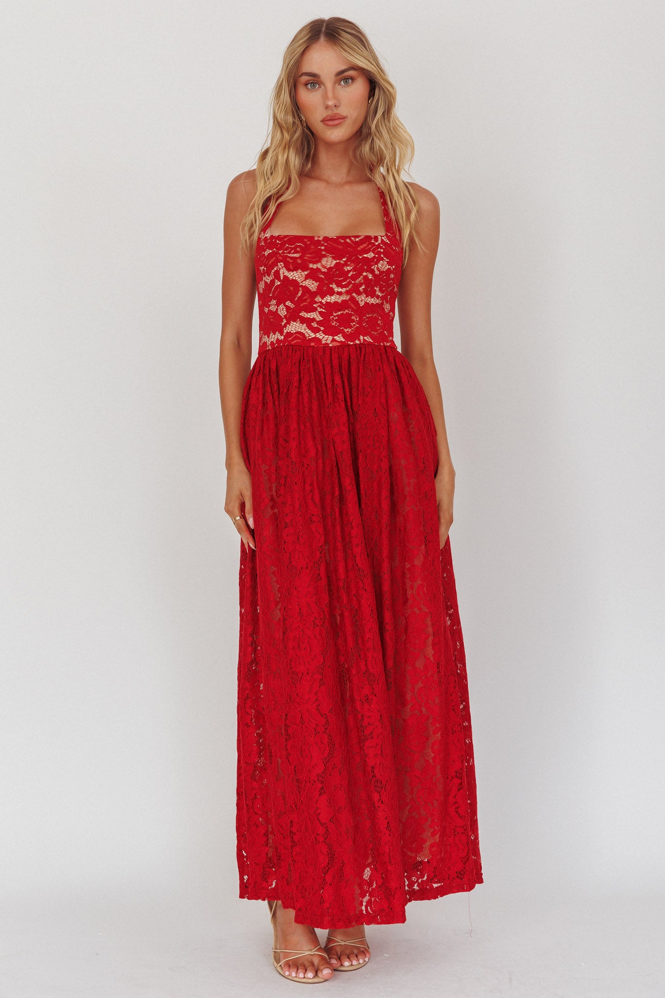 Hendrix Halterneck A-Line Lace Maxi Dress Cherry by Selfie Leslie Australia
