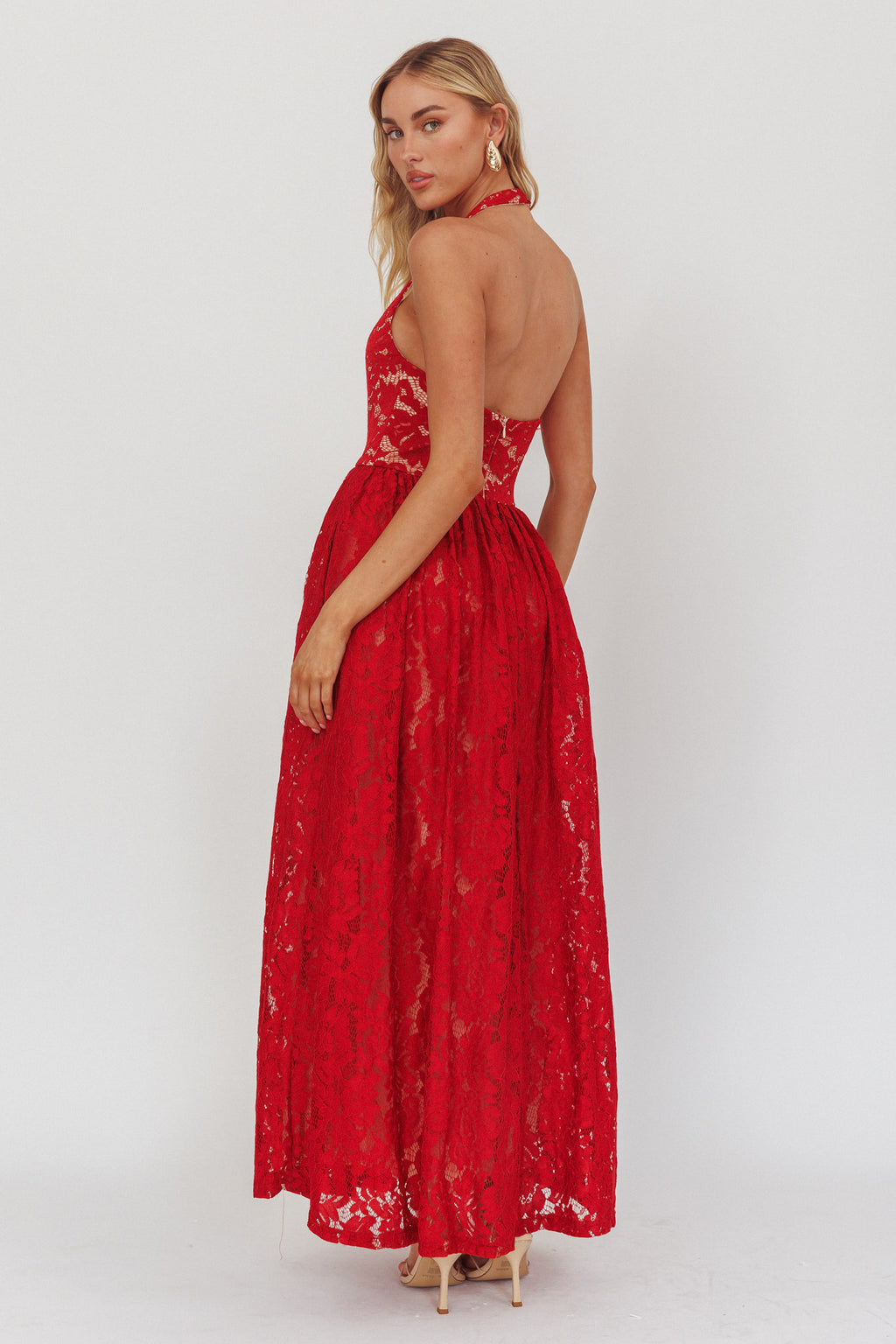 Hendrix Halterneck A-Line Lace Maxi Dress Cherry by Selfie Leslie Australia