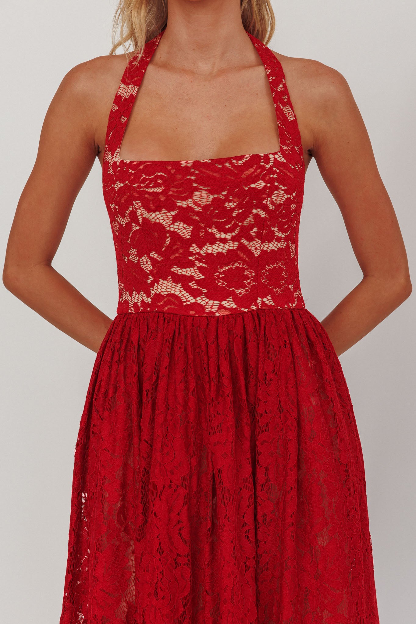Hendrix Halterneck A-Line Lace Maxi Dress Cherry by Selfie Leslie Australia