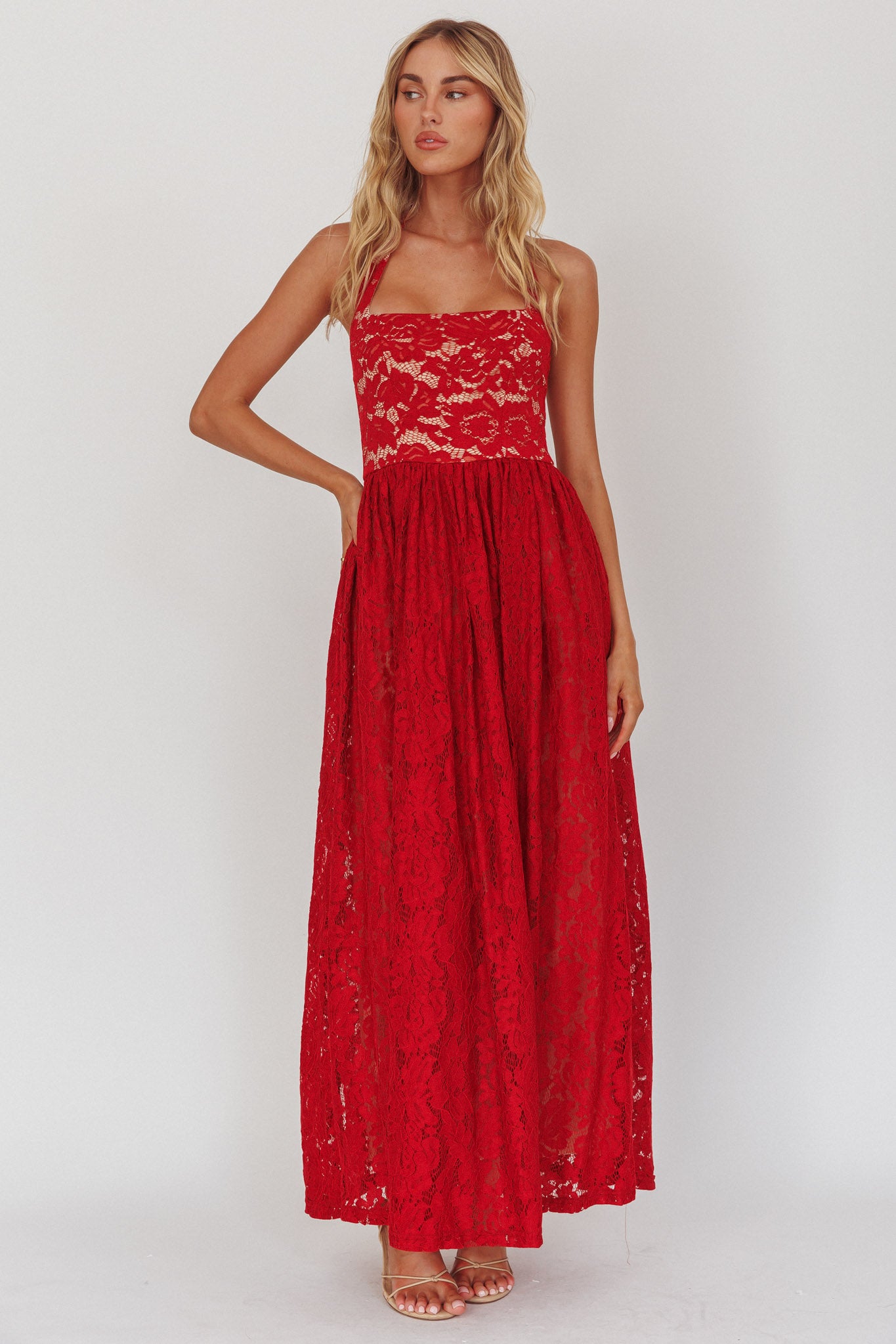 Hendrix Halterneck A-Line Lace Maxi Dress Cherry by Selfie Leslie Australia