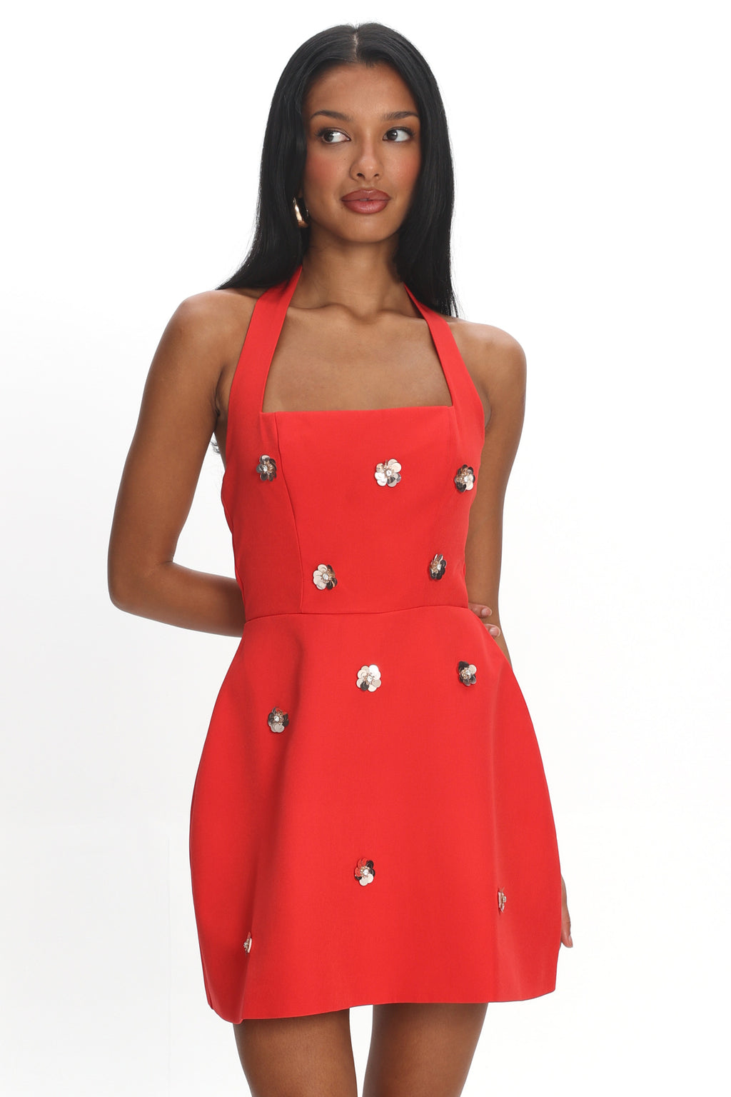 Hendrix Halterneck A-Line Mini Dress Sequin Flower Red by Selfie Leslie Australia