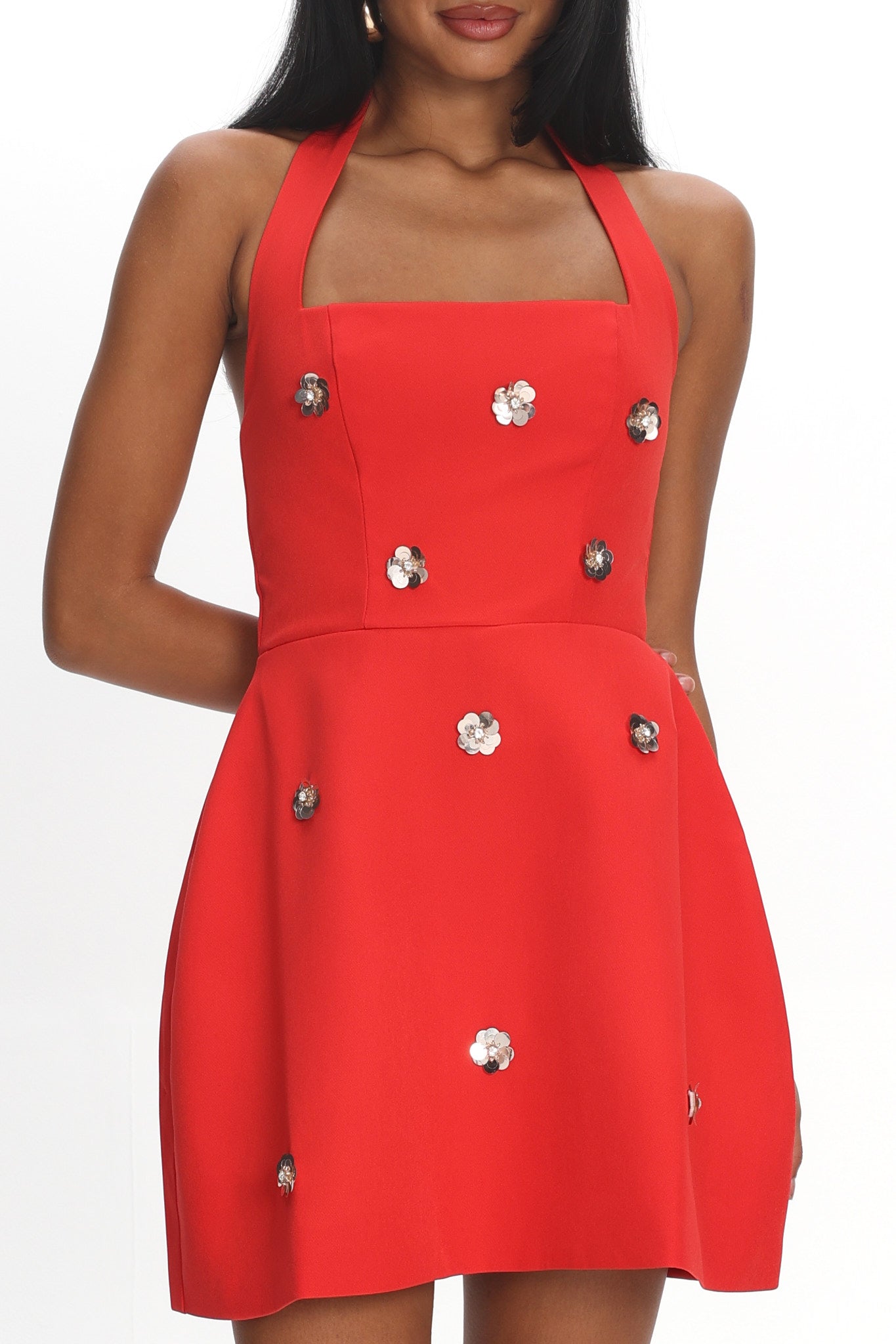 Hendrix Halterneck A-Line Mini Dress Sequin Flower Red by Selfie Leslie Australia