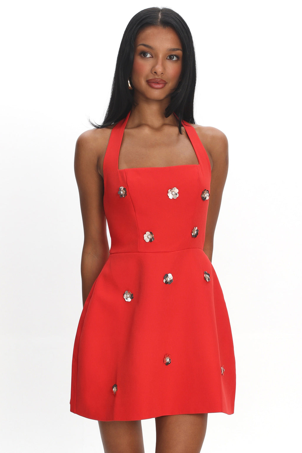 Hendrix Halterneck A-Line Mini Dress Sequin Flower Red by Selfie Leslie Australia