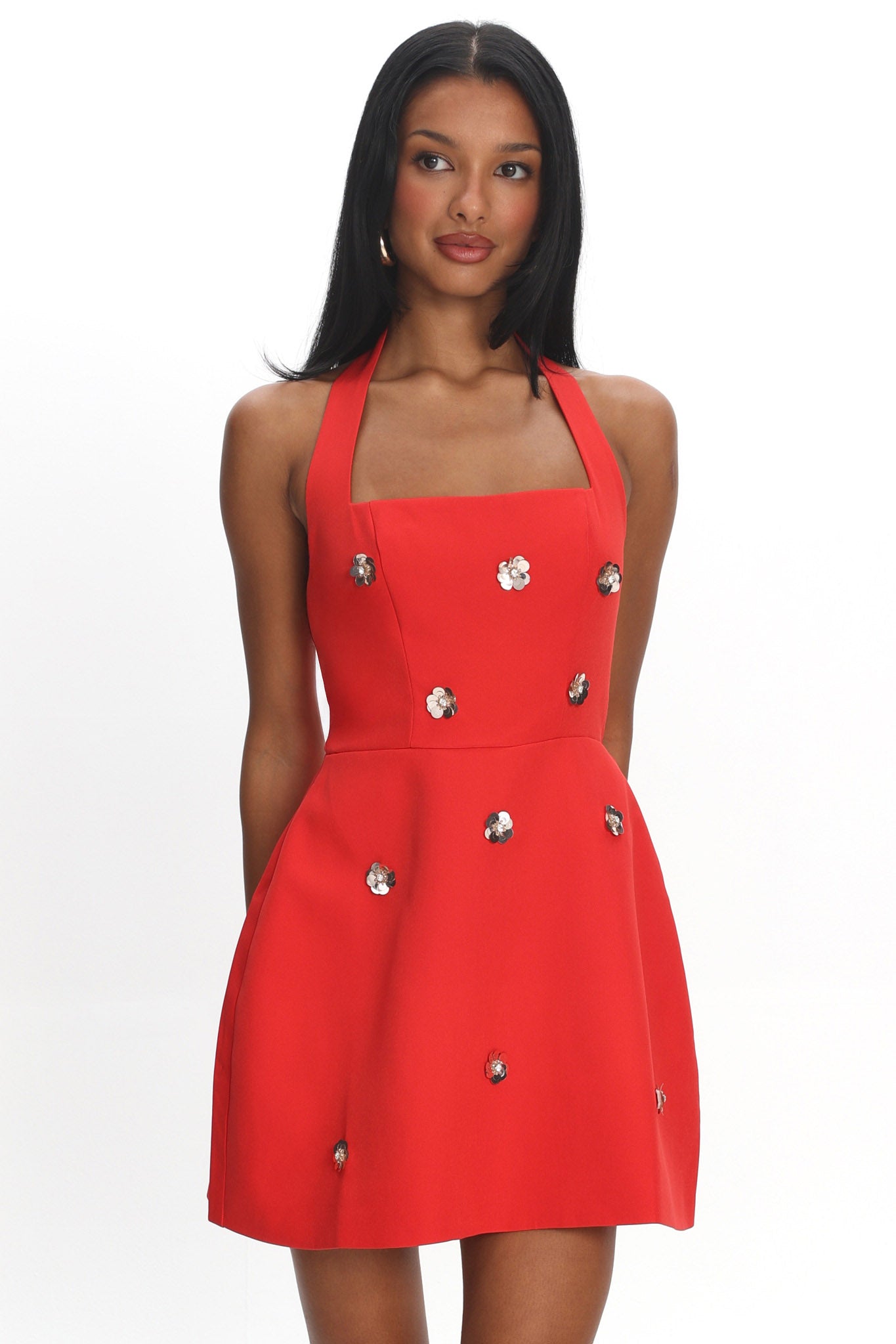 Hendrix Halterneck A-Line Mini Dress Sequin Flower Red by Selfie Leslie Australia