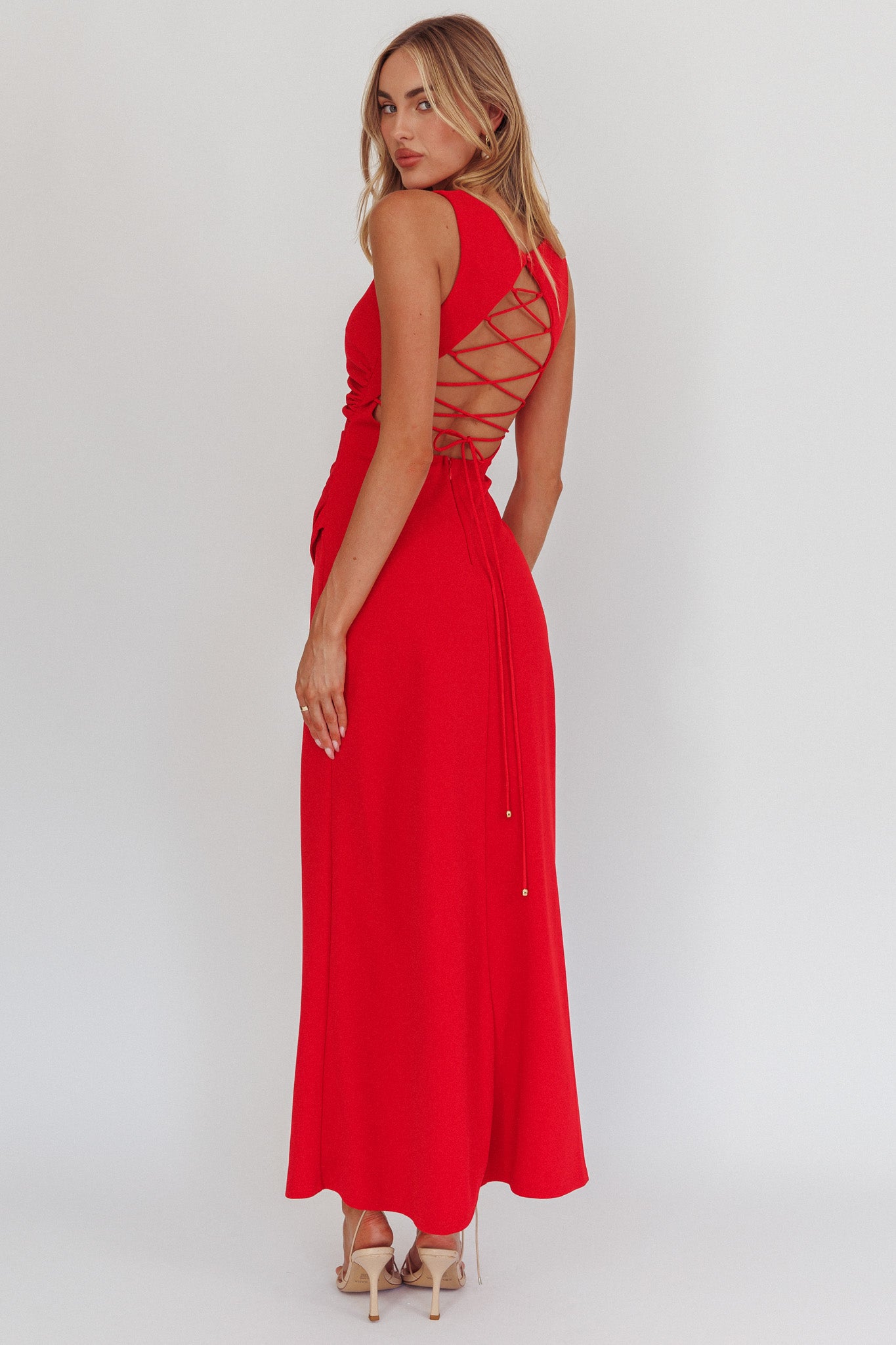 Firelights Lace-Up Back Maxi Dress Red by Selfie Leslie Australia