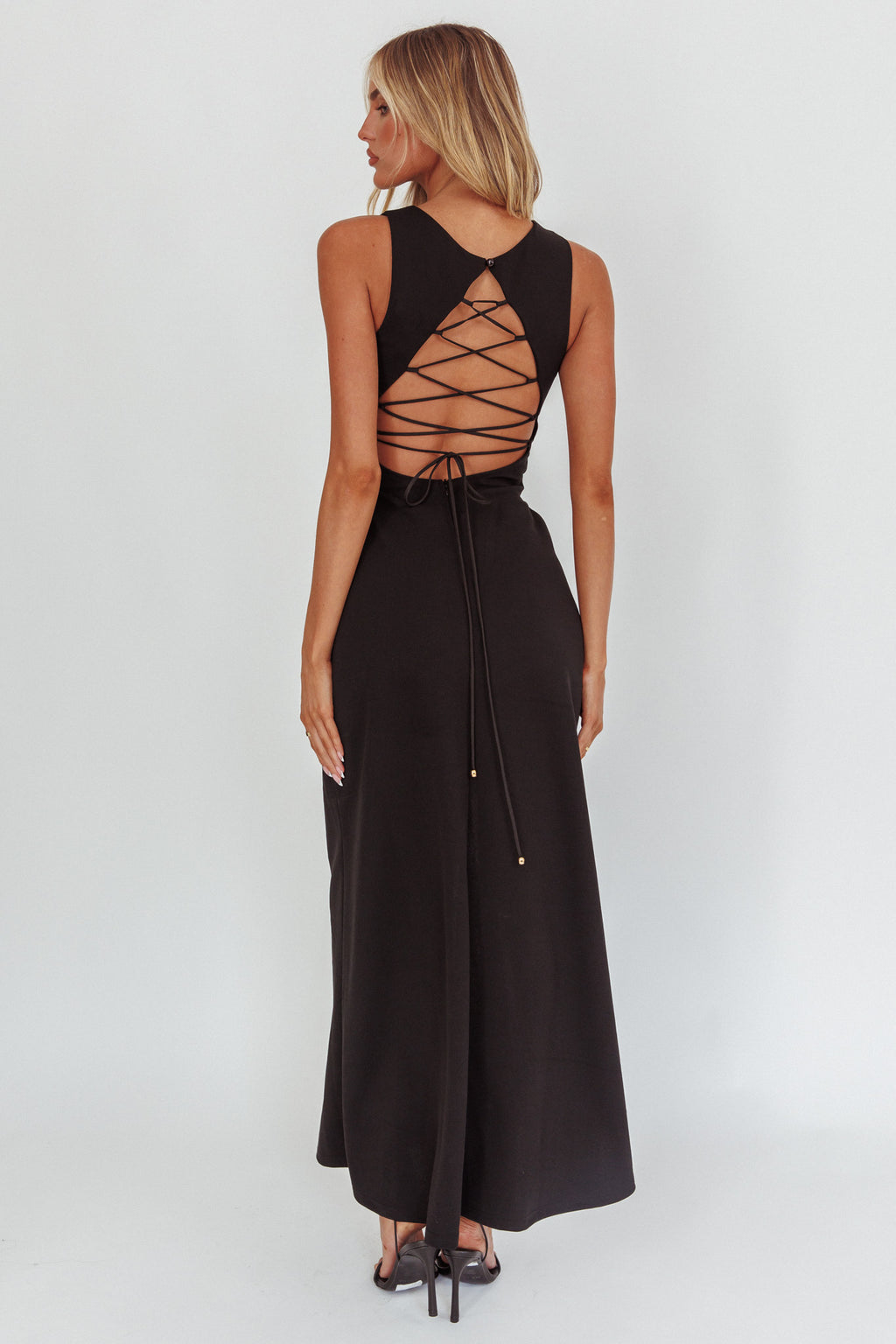 Firelights Lace-Up Back Maxi Dress Black by Selfie Leslie Australia
