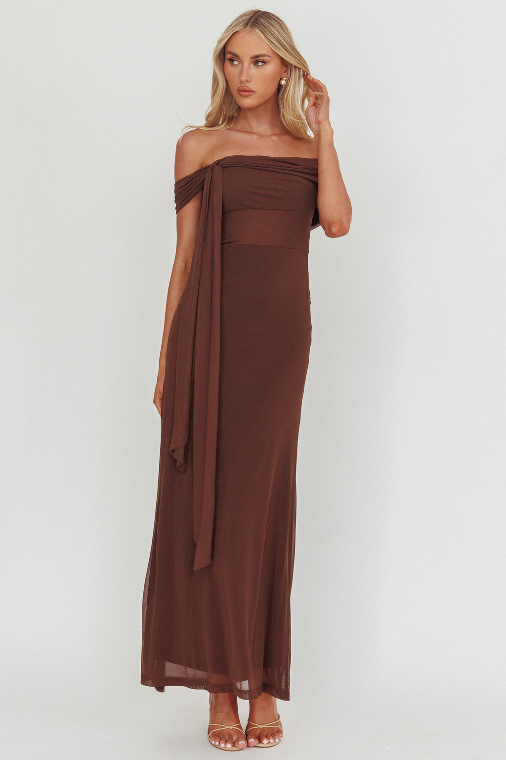 Silver Moon Tied Off-Shoulder Maxi Dress Chocolate by Selfie Leslie Australia