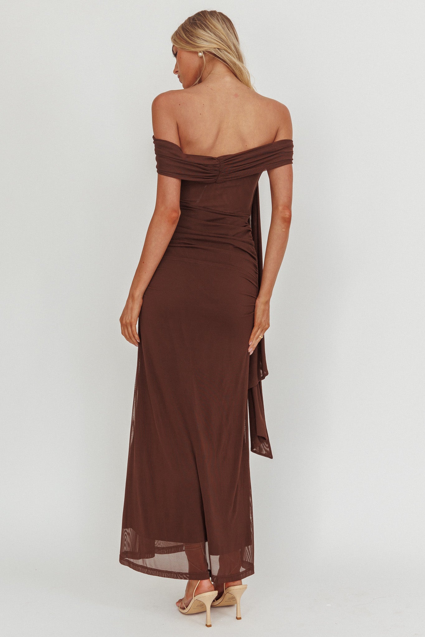 Silver Moon Tied Off-Shoulder Maxi Dress Chocolate by Selfie Leslie Australia
