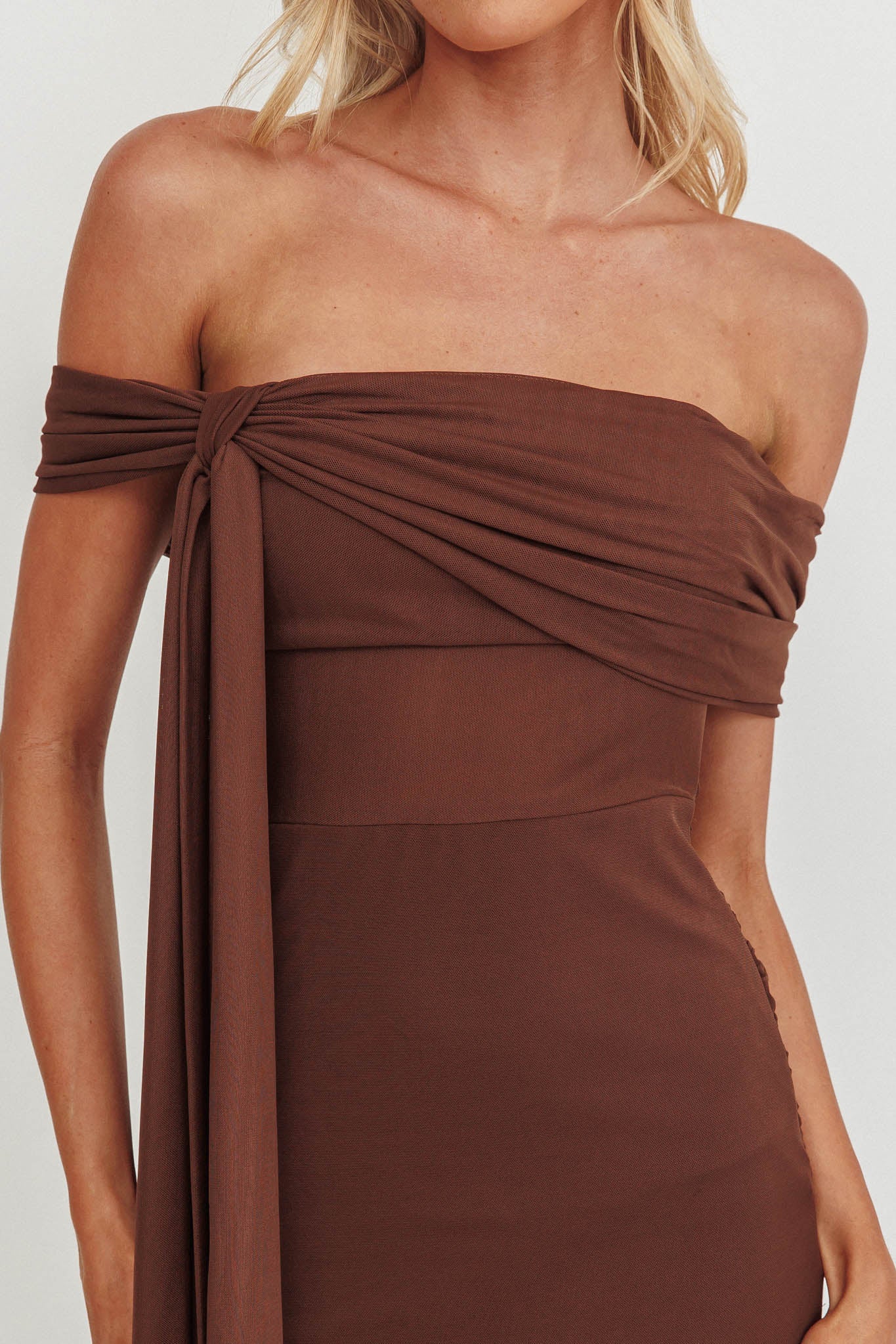 Silver Moon Tied Off-Shoulder Maxi Dress Chocolate by Selfie Leslie Australia